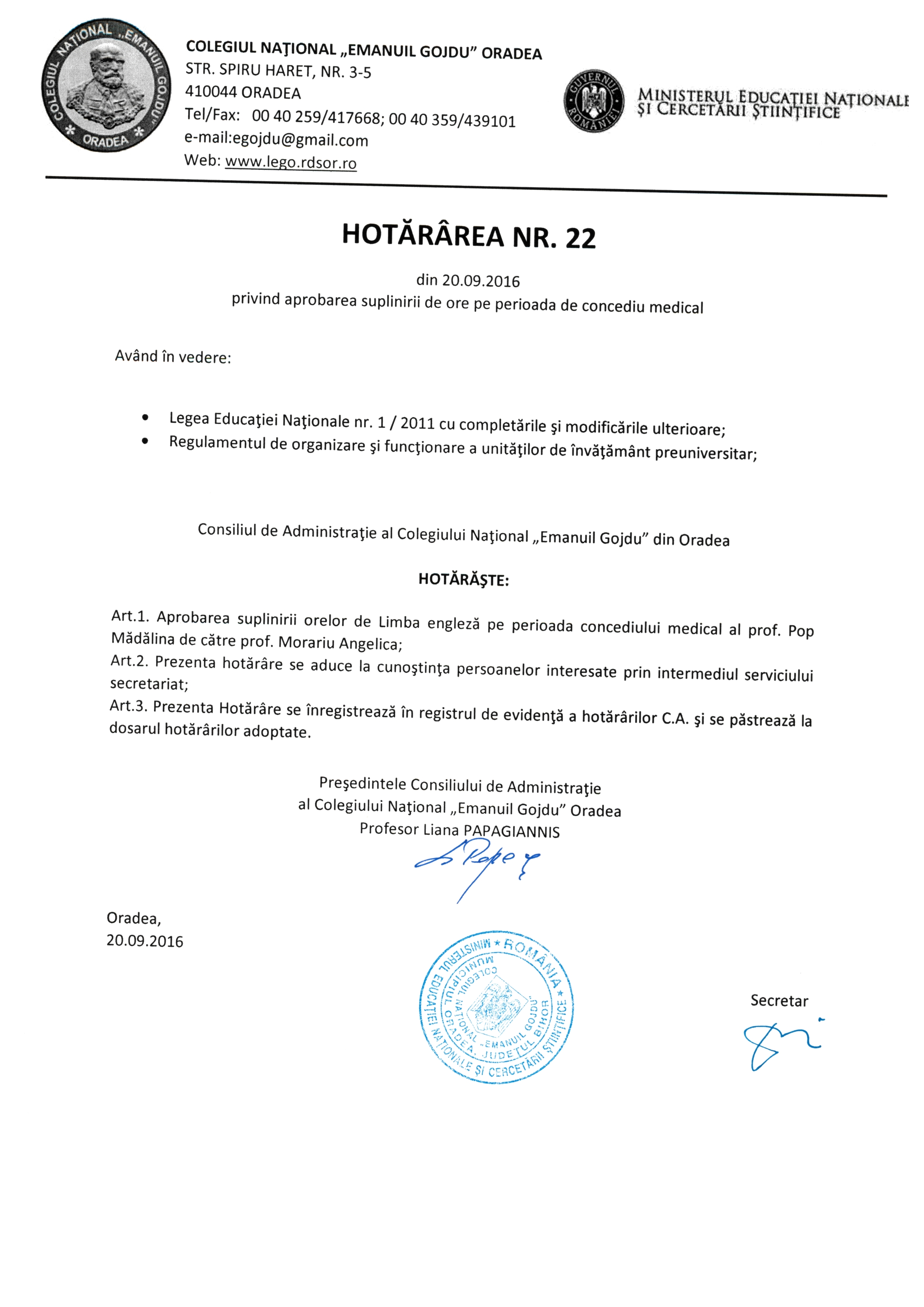 Hotărârea Nr.22 / 20.09.2016