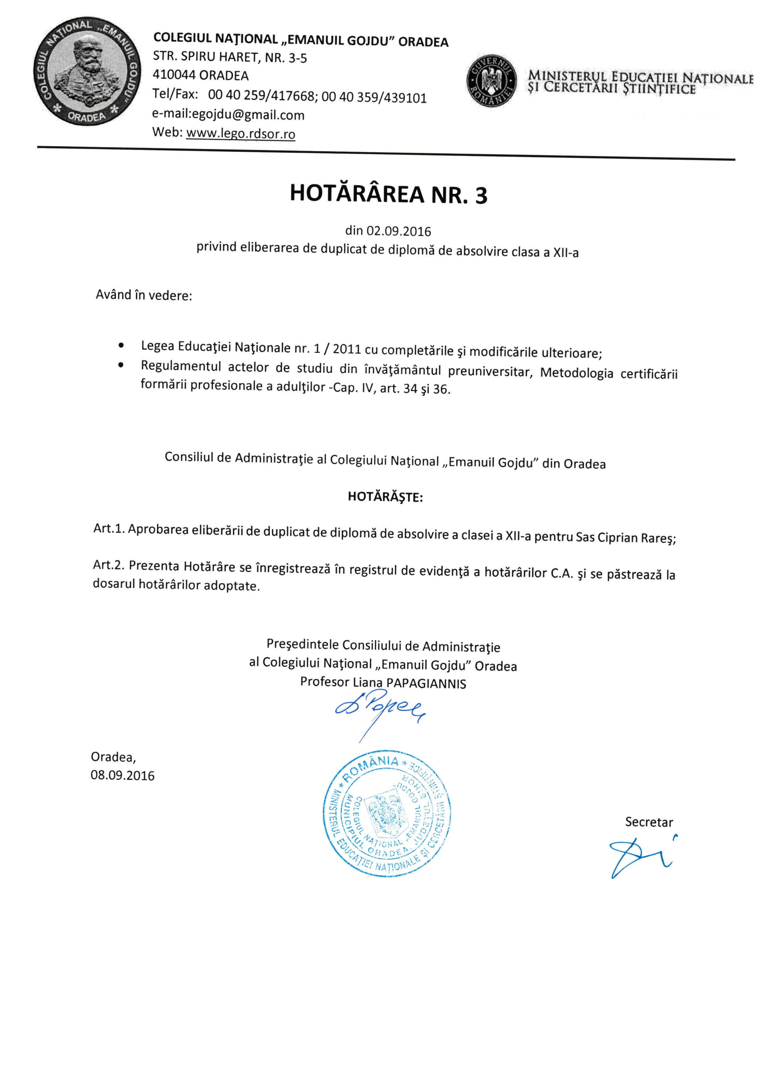 Hotărârea Nr.03 / 02.09.2016