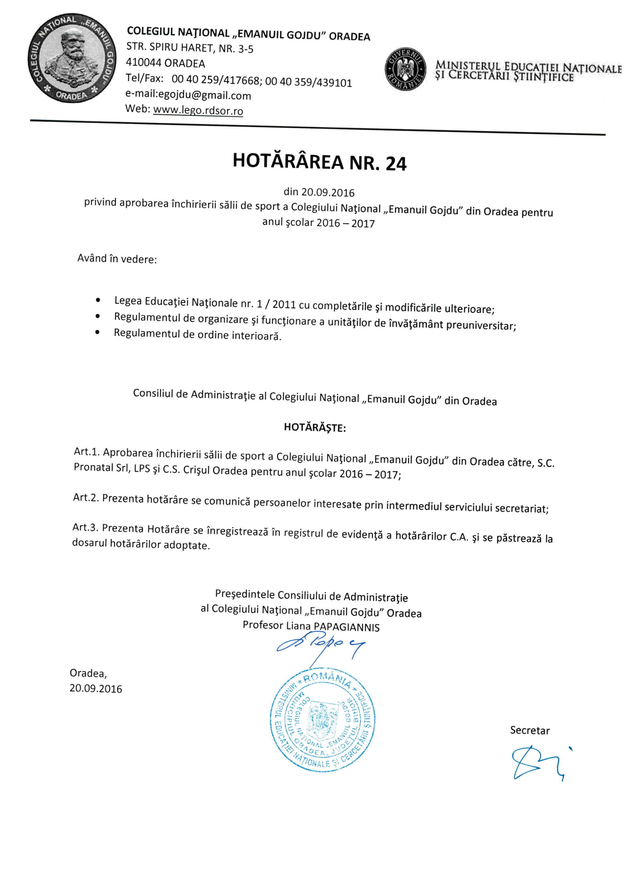 Hotărârea Nr.24 / 20.09.2016