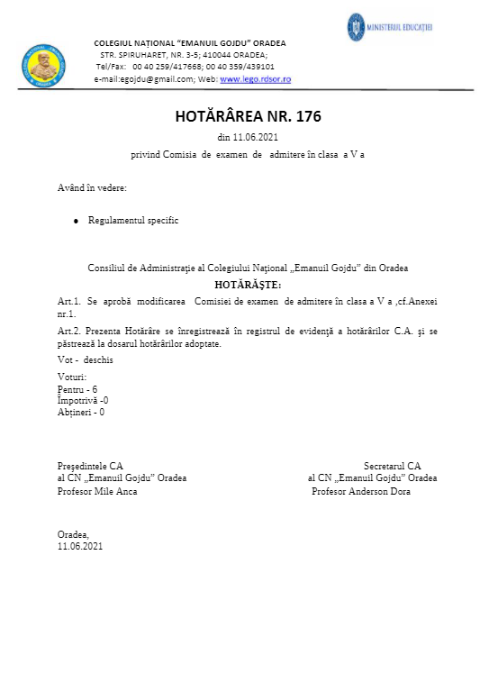 Hotărârea Consiliului de Administrație Nr.176 din 11.06.2021