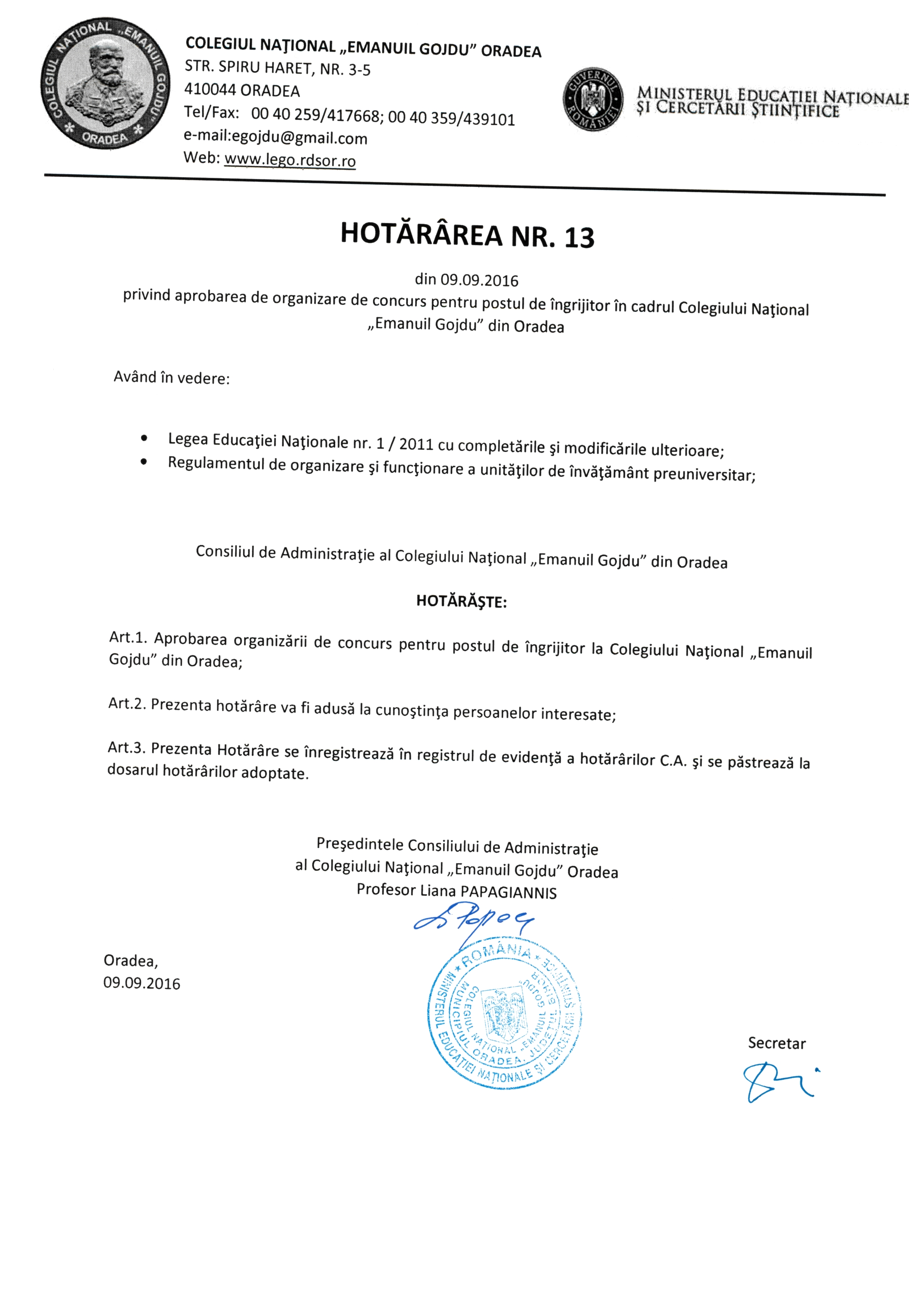 Hotărârea Nr.13 / 09.09.2016