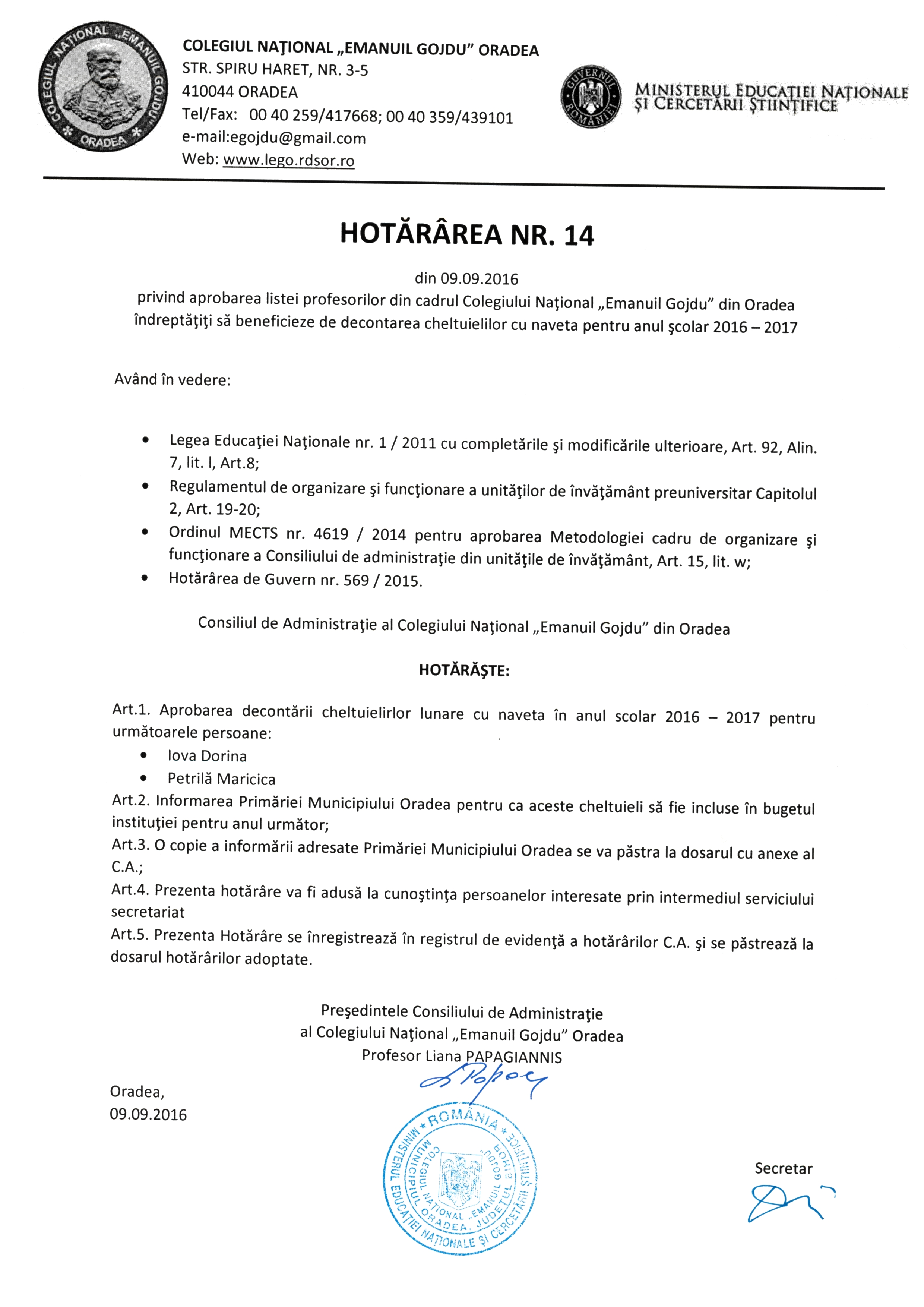 Hotărârea Nr.14 / 09.09.2016