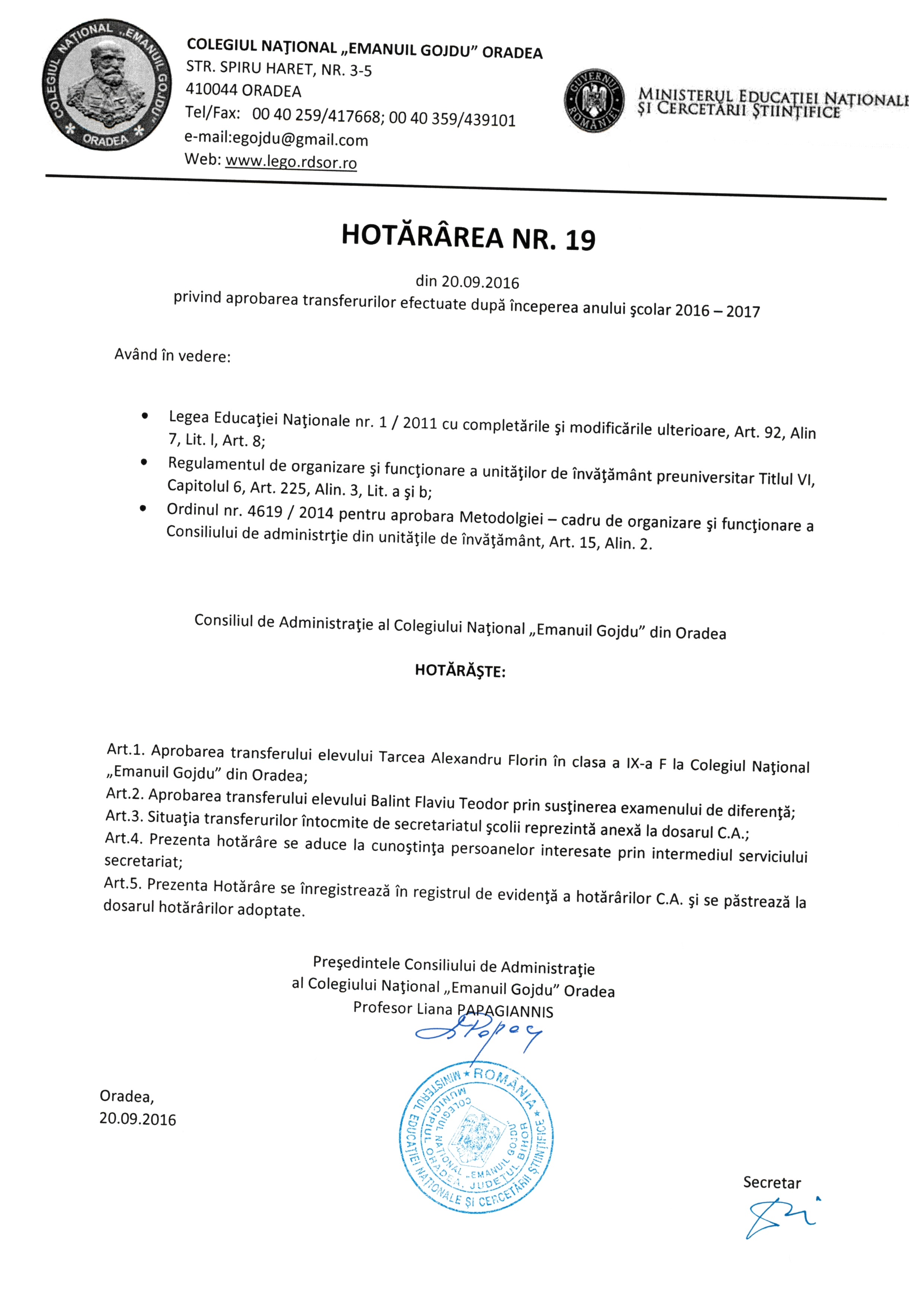 Hotărârea Nr.19 / 20.09.2016