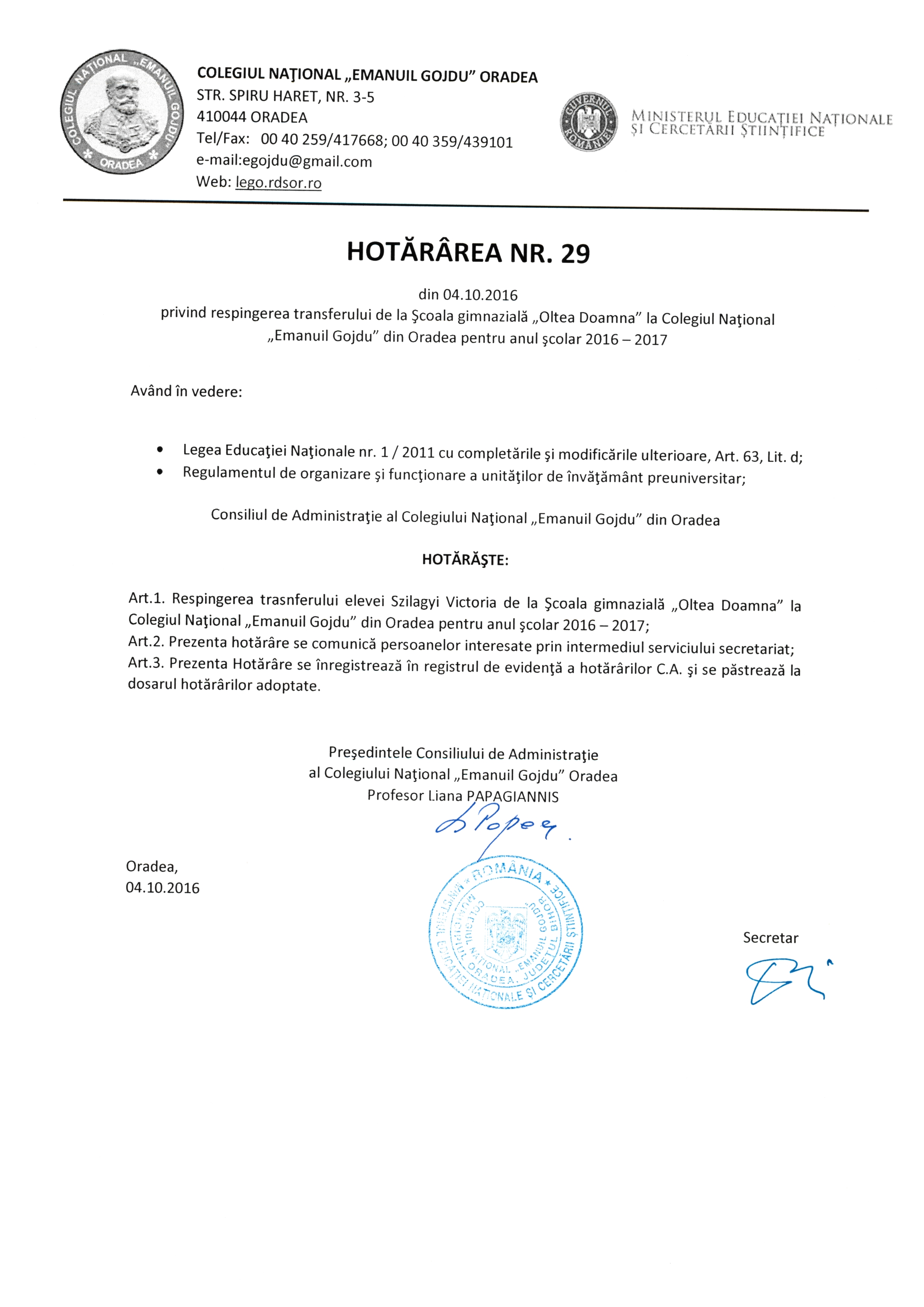 Hotărârea Nr.29 / 04.10.2016