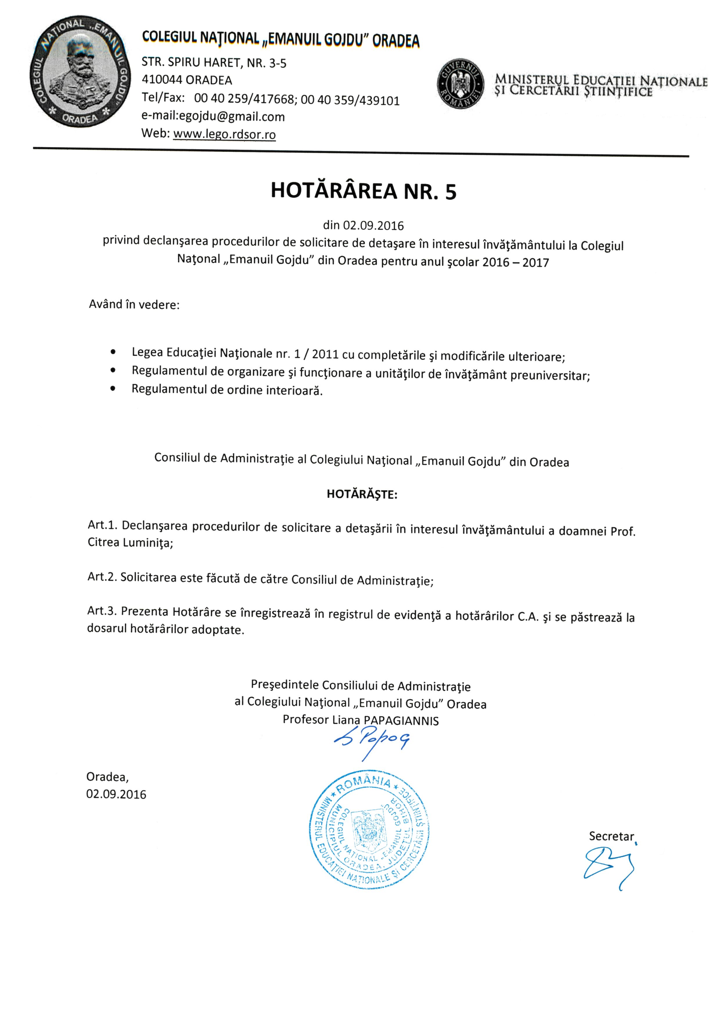 Hotărârea Nr.05 / 02.09.2016