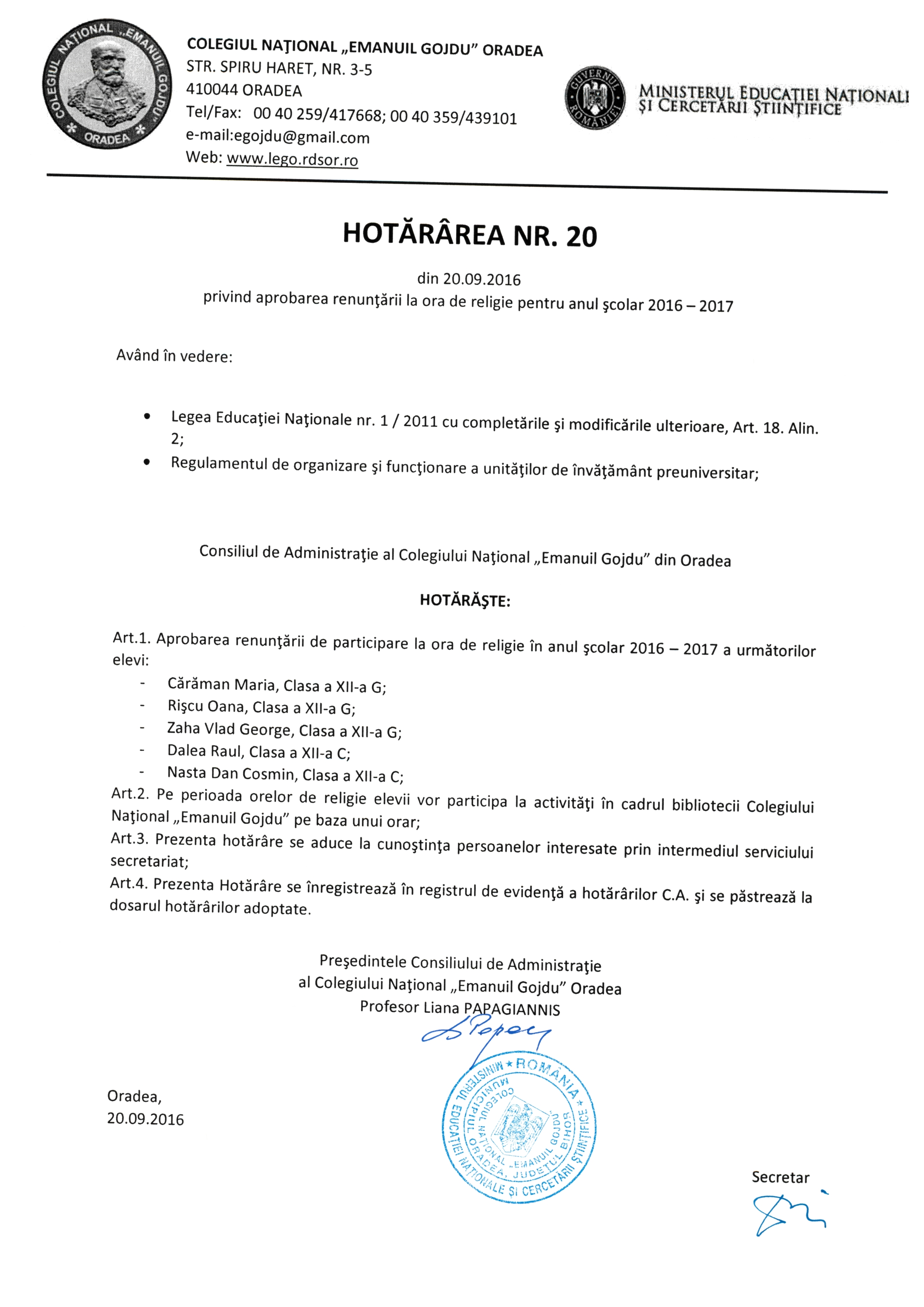 Hotărârea Nr.20 / 20.09.2016
