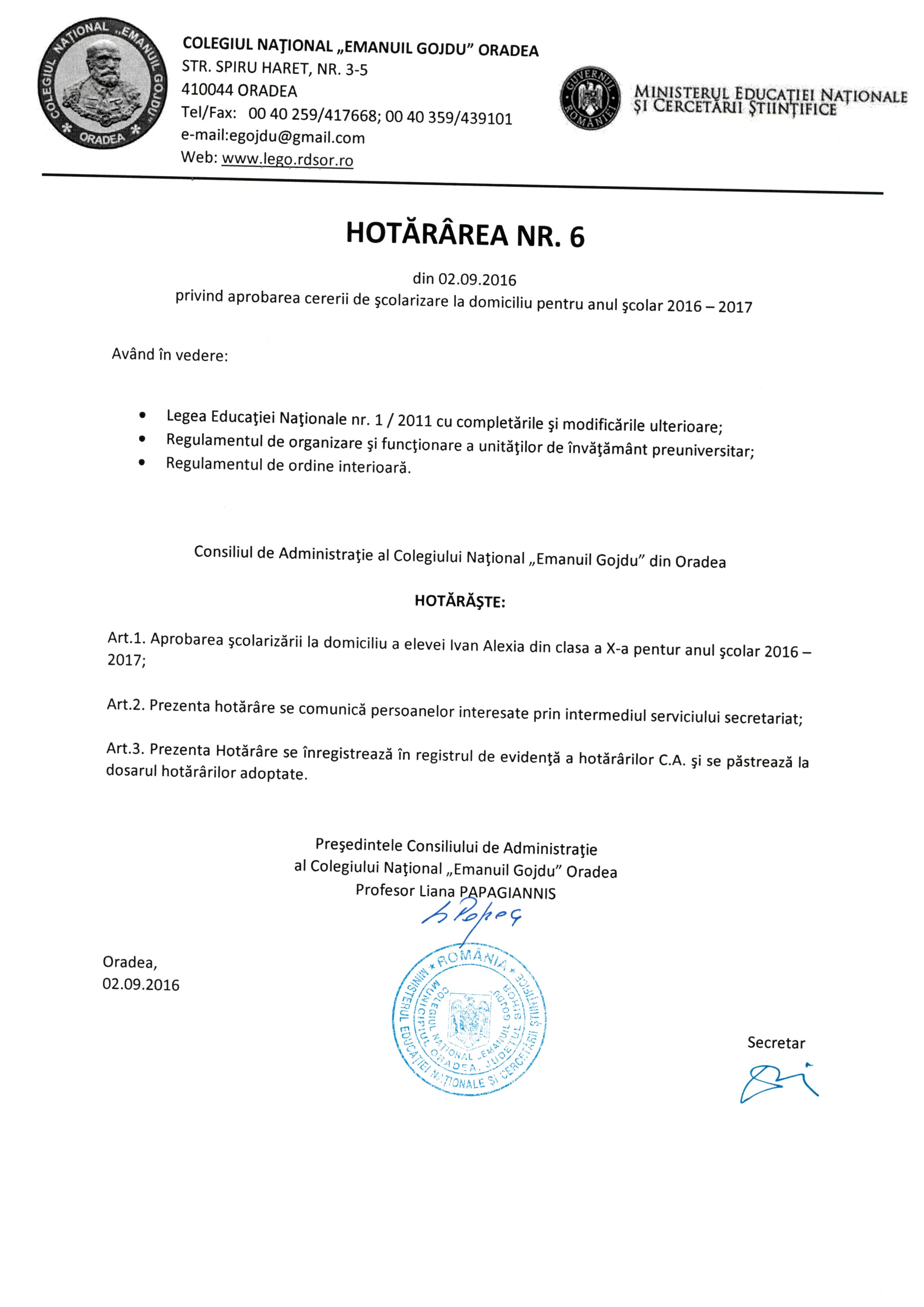 Hotărârea Nr.06 / 02.09.2016