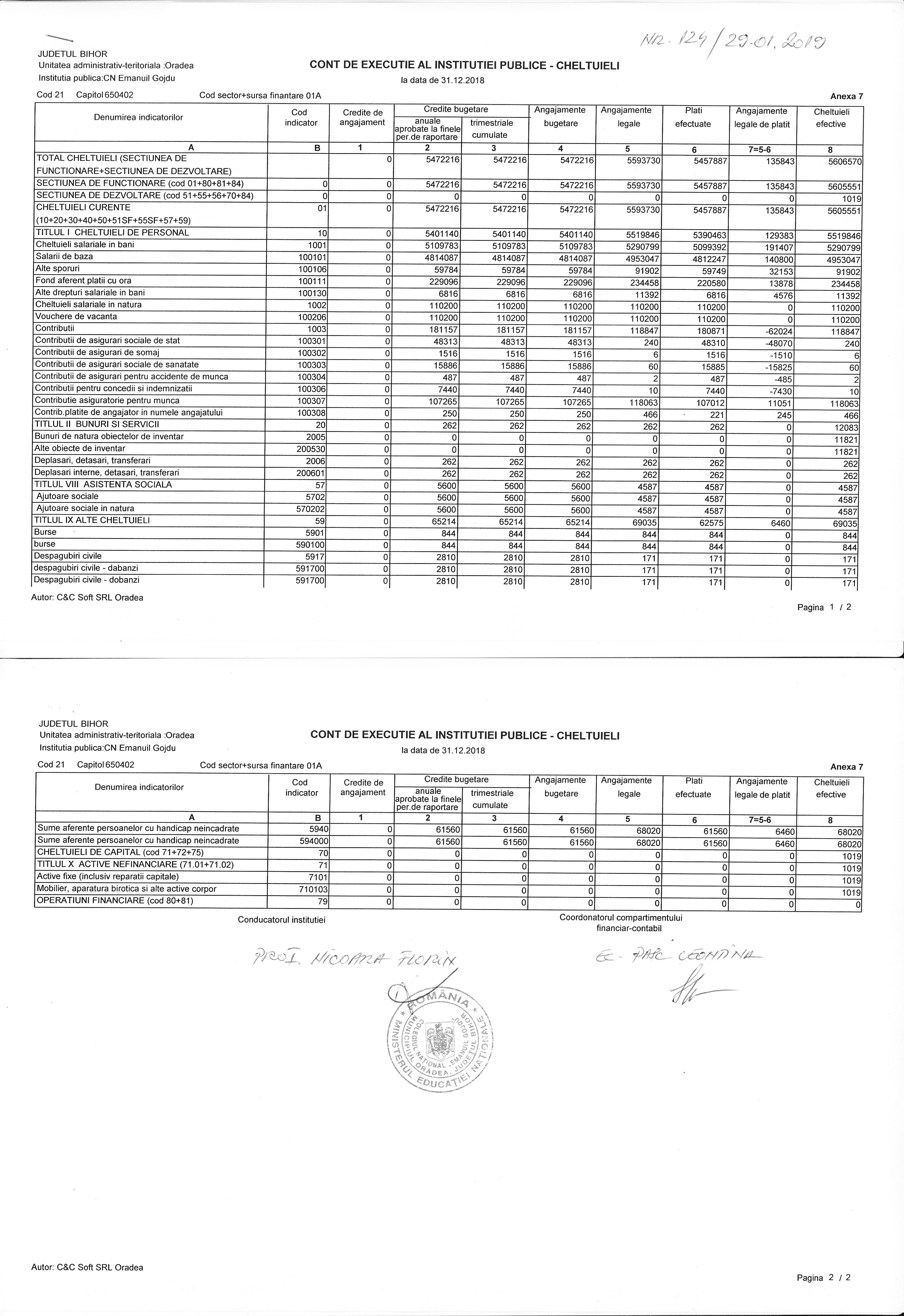 Execuție buget de stat la 31.12.2018