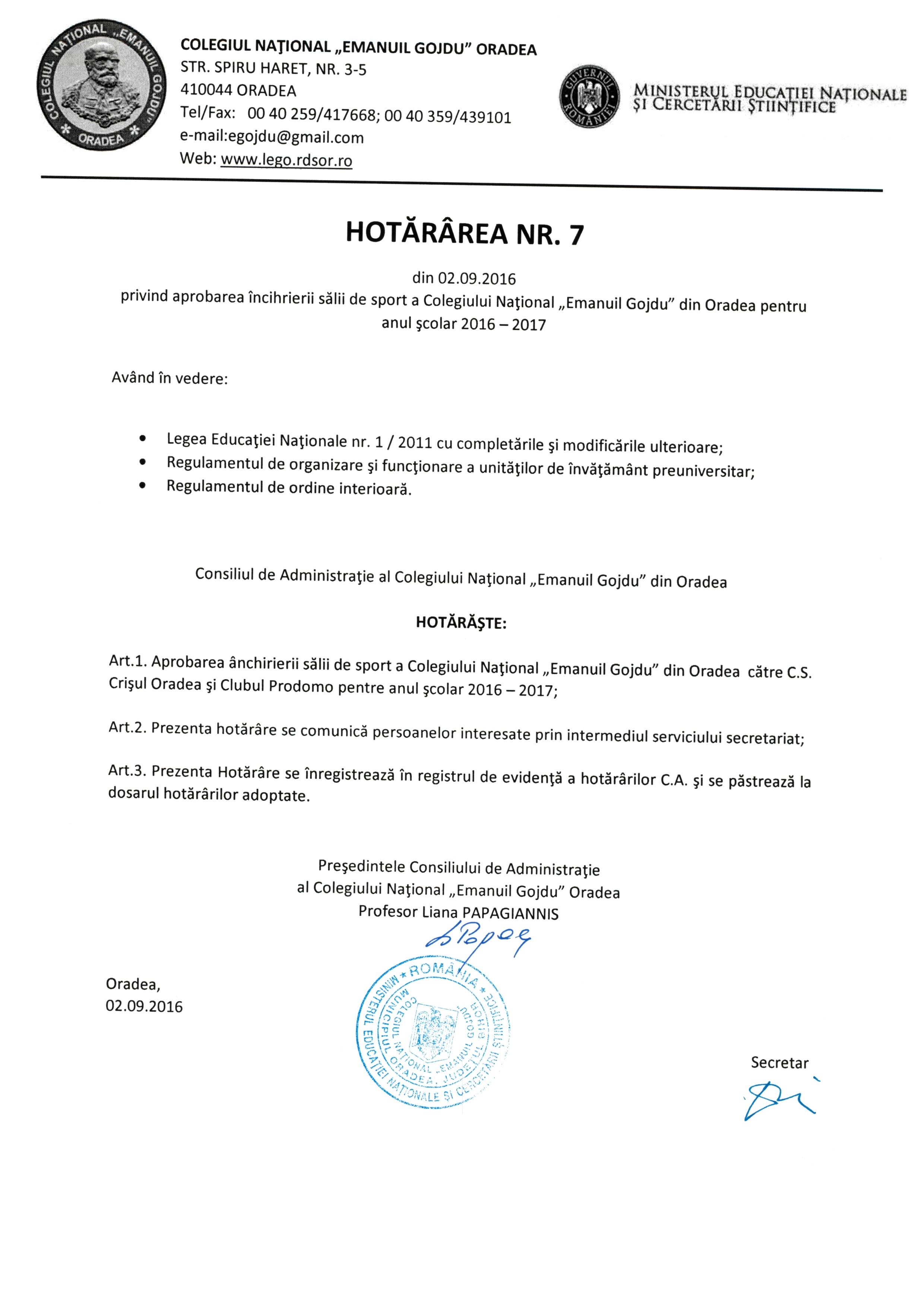 Hotărârea Nr.07 / 02.09.2016