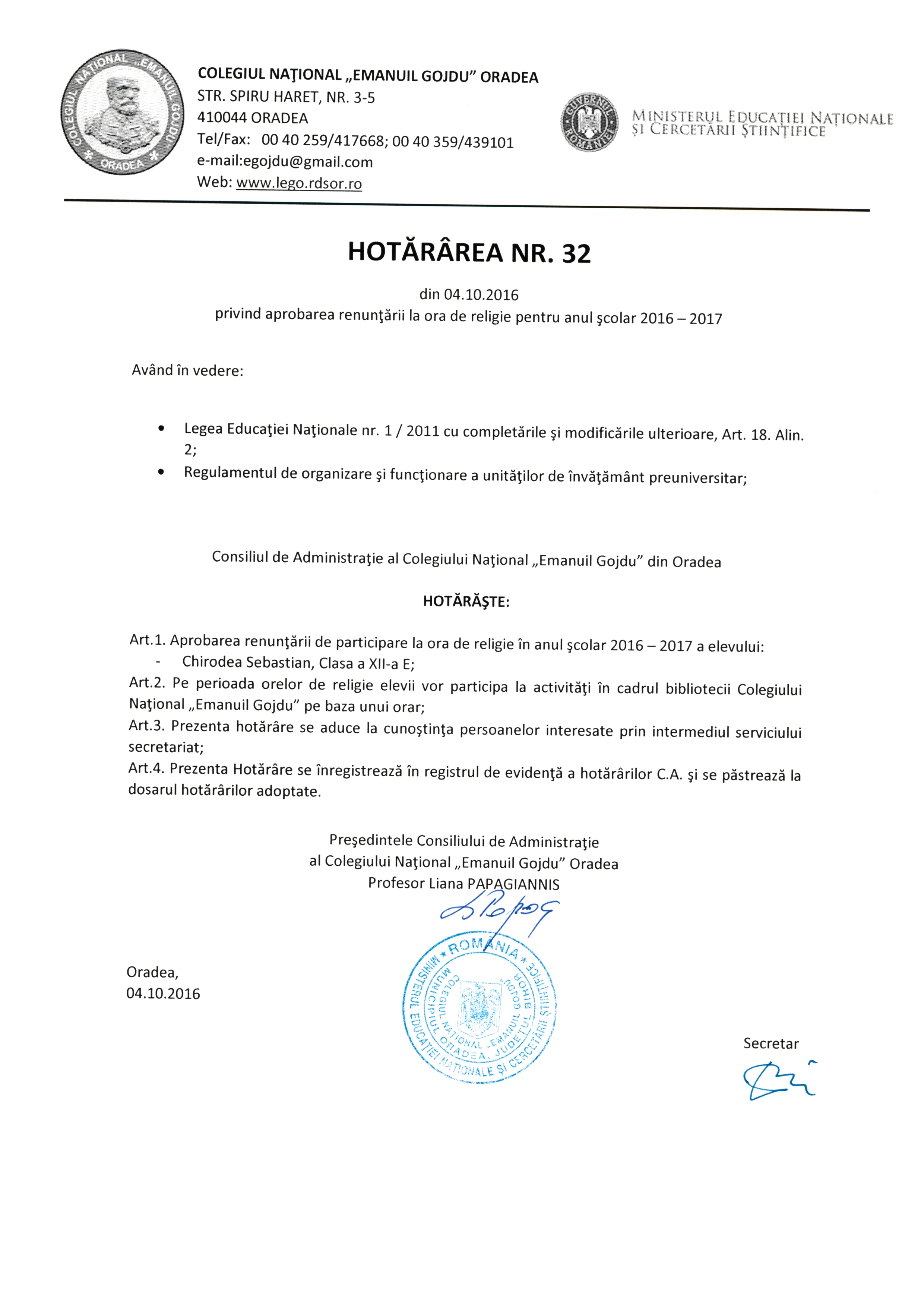 Hotărârea Nr.32 / 04.10.2016