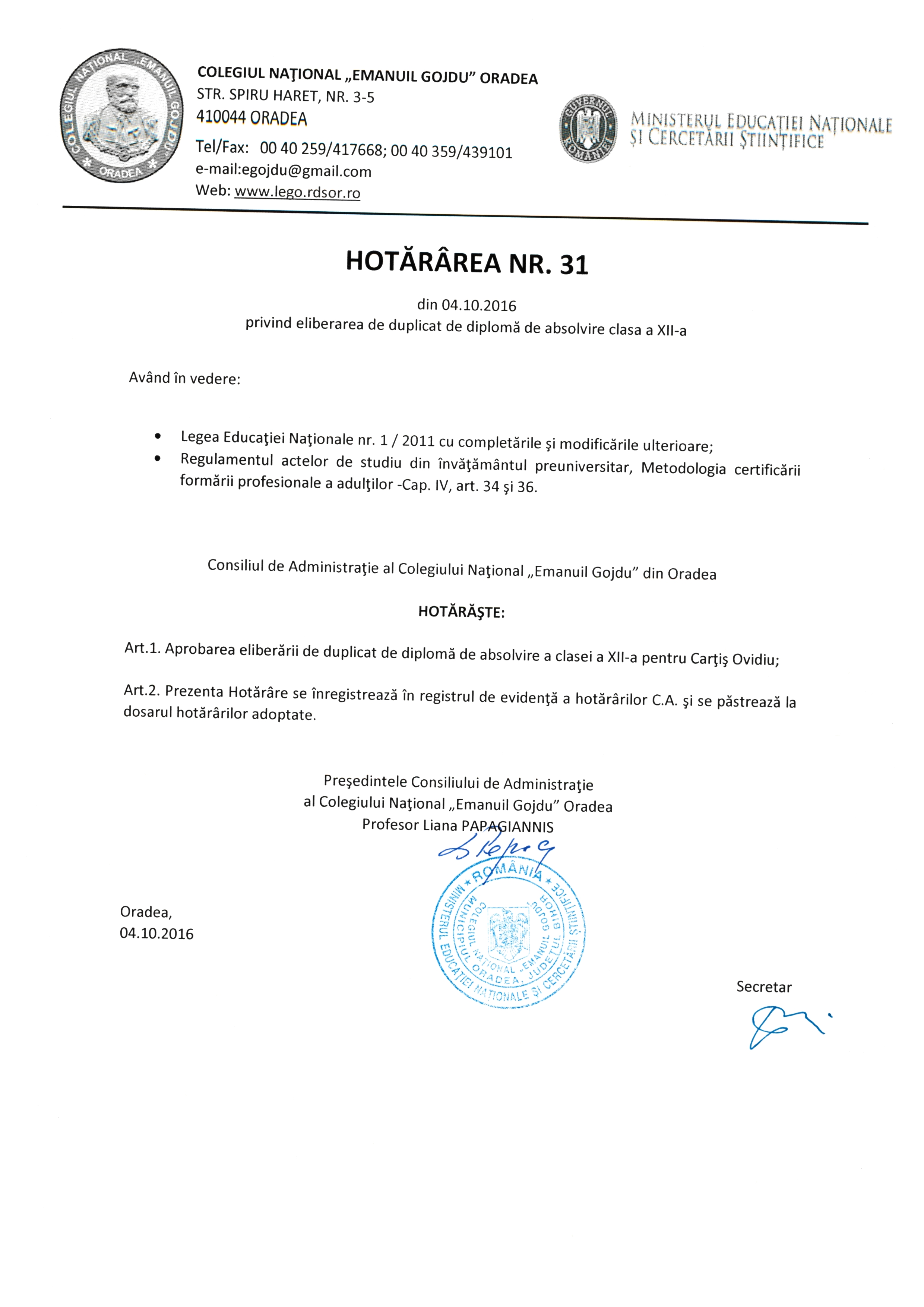 Hotărârea Nr.31 / 04.10.2016