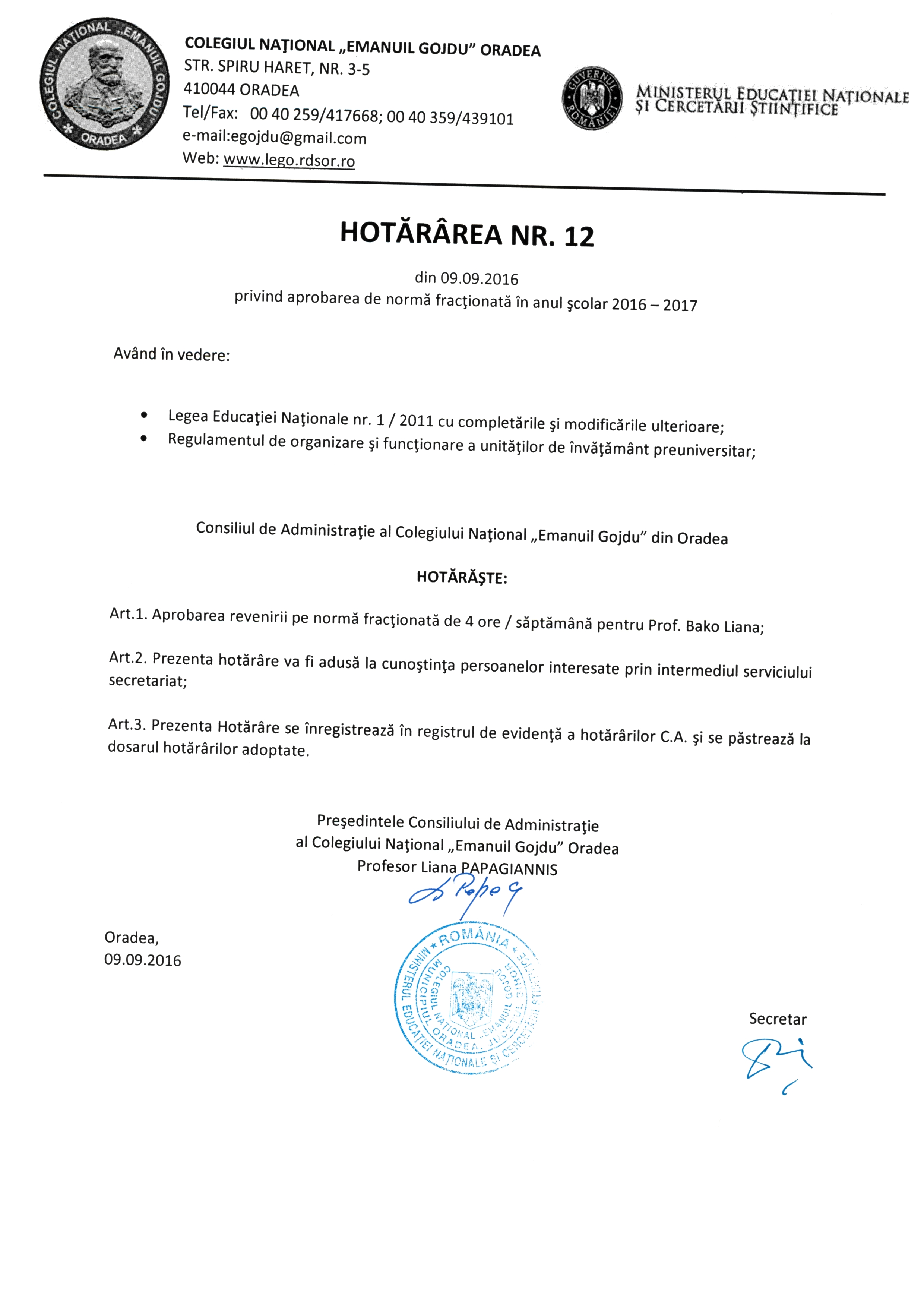 Hotărârea Nr.12 / 09.09.2016