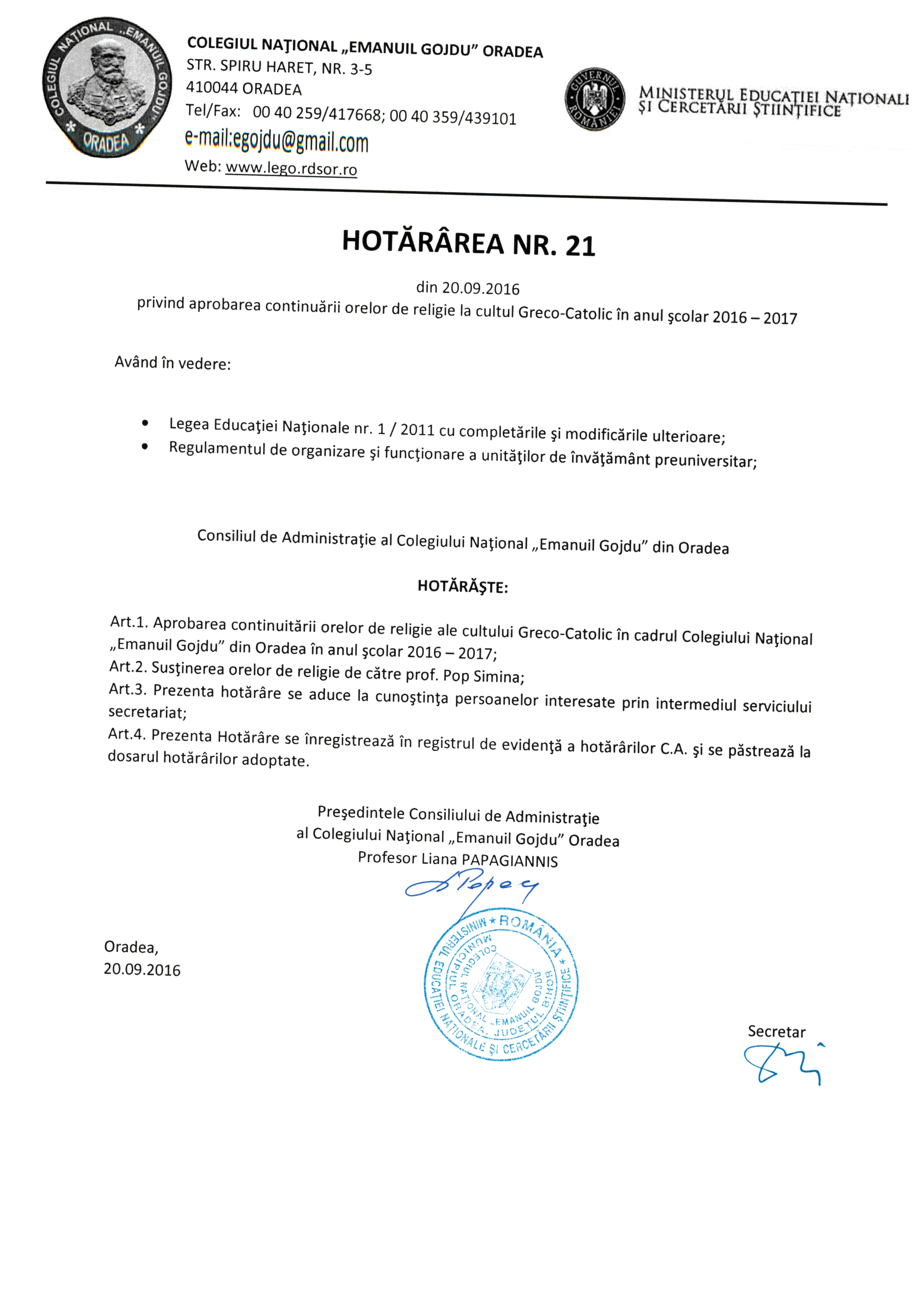 Hotărârea Nr.21 / 20.09.2016