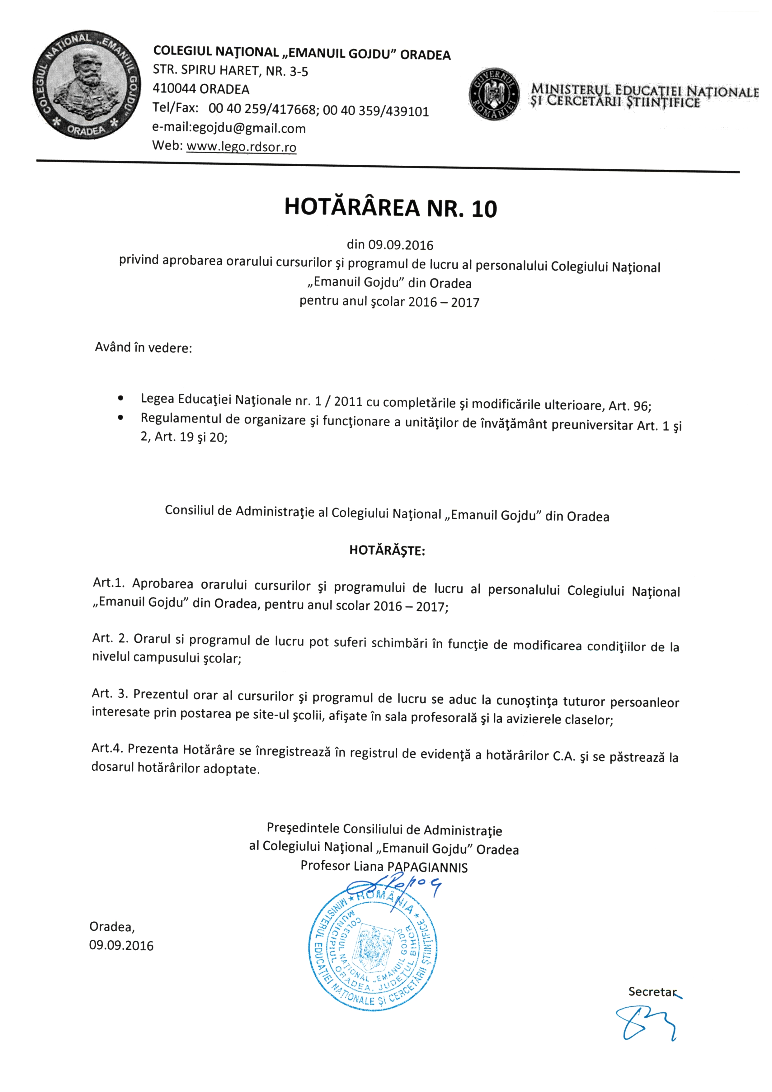 Hotărârea Nr.10 / 09.09.2016