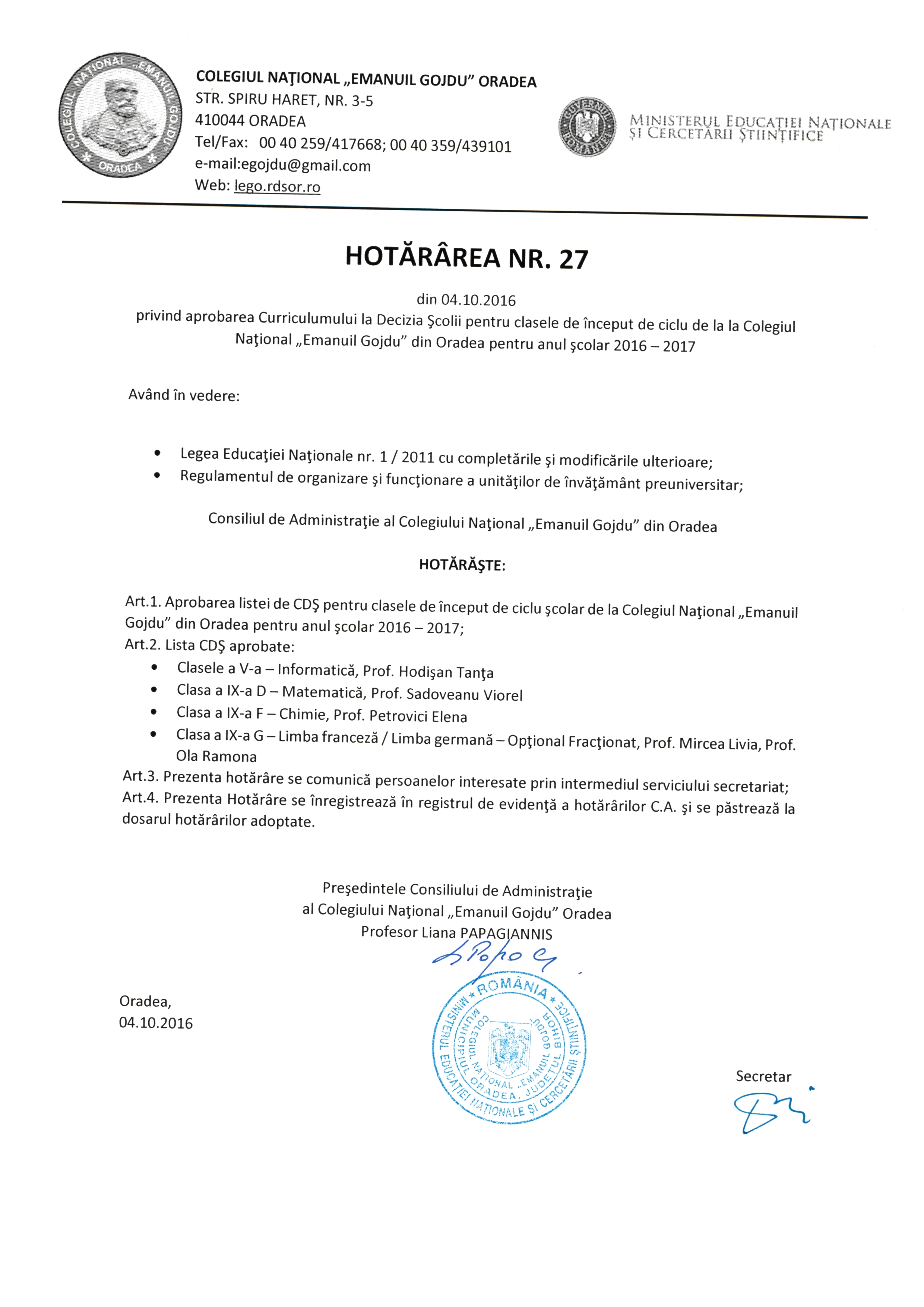 Hotărârea Nr.27 / 04.10.2016