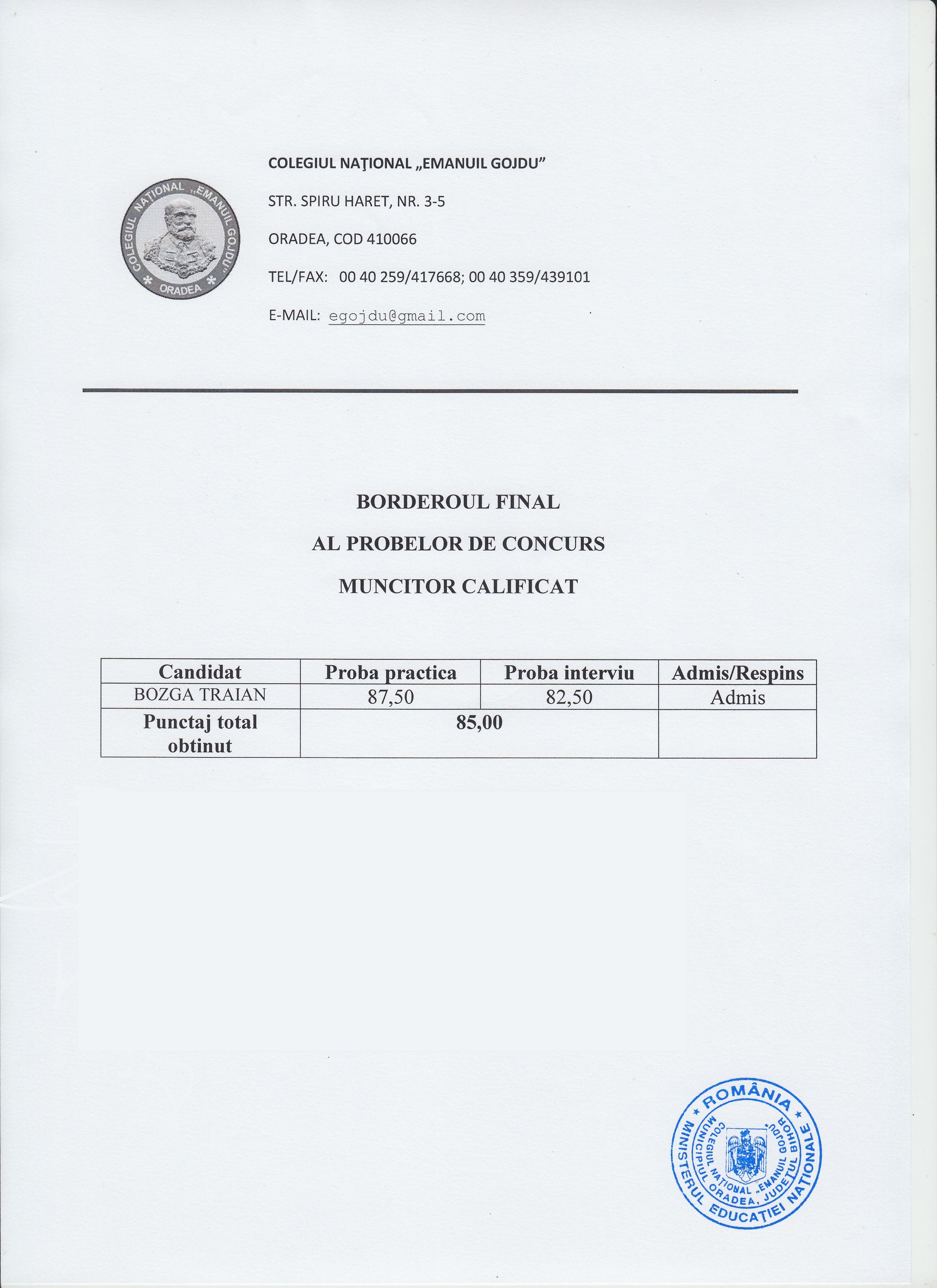 Concurs muncitor calificat 2018 - Rezultat final