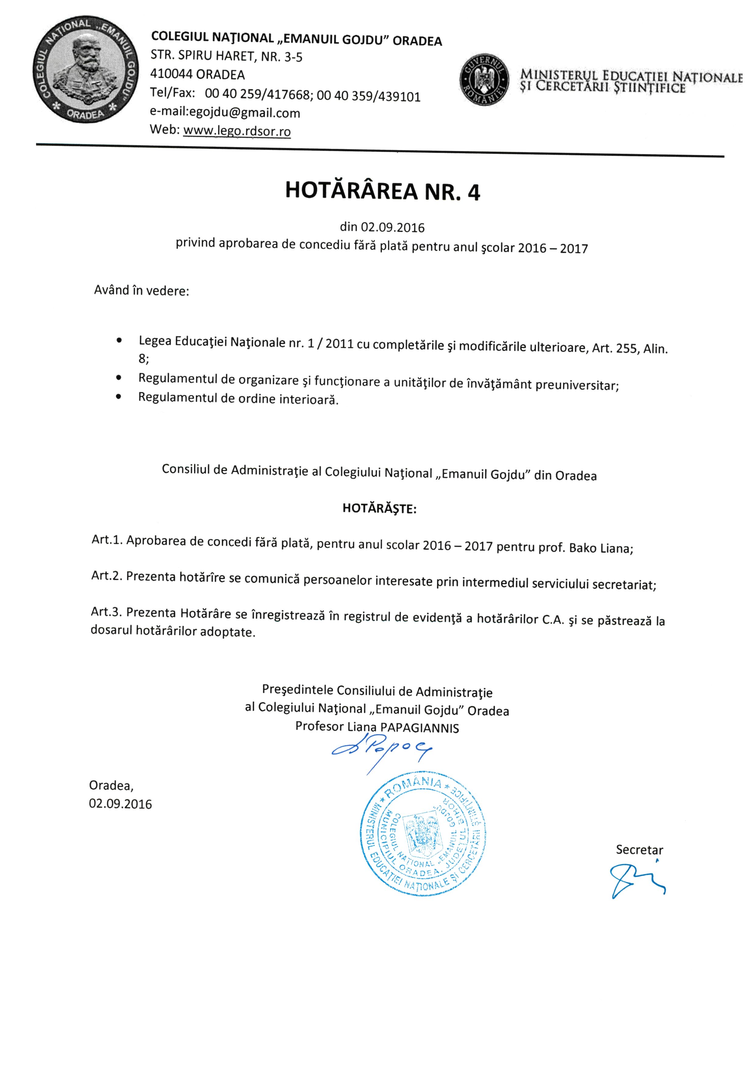 Hotărârea Nr.04 / 02.09.2016