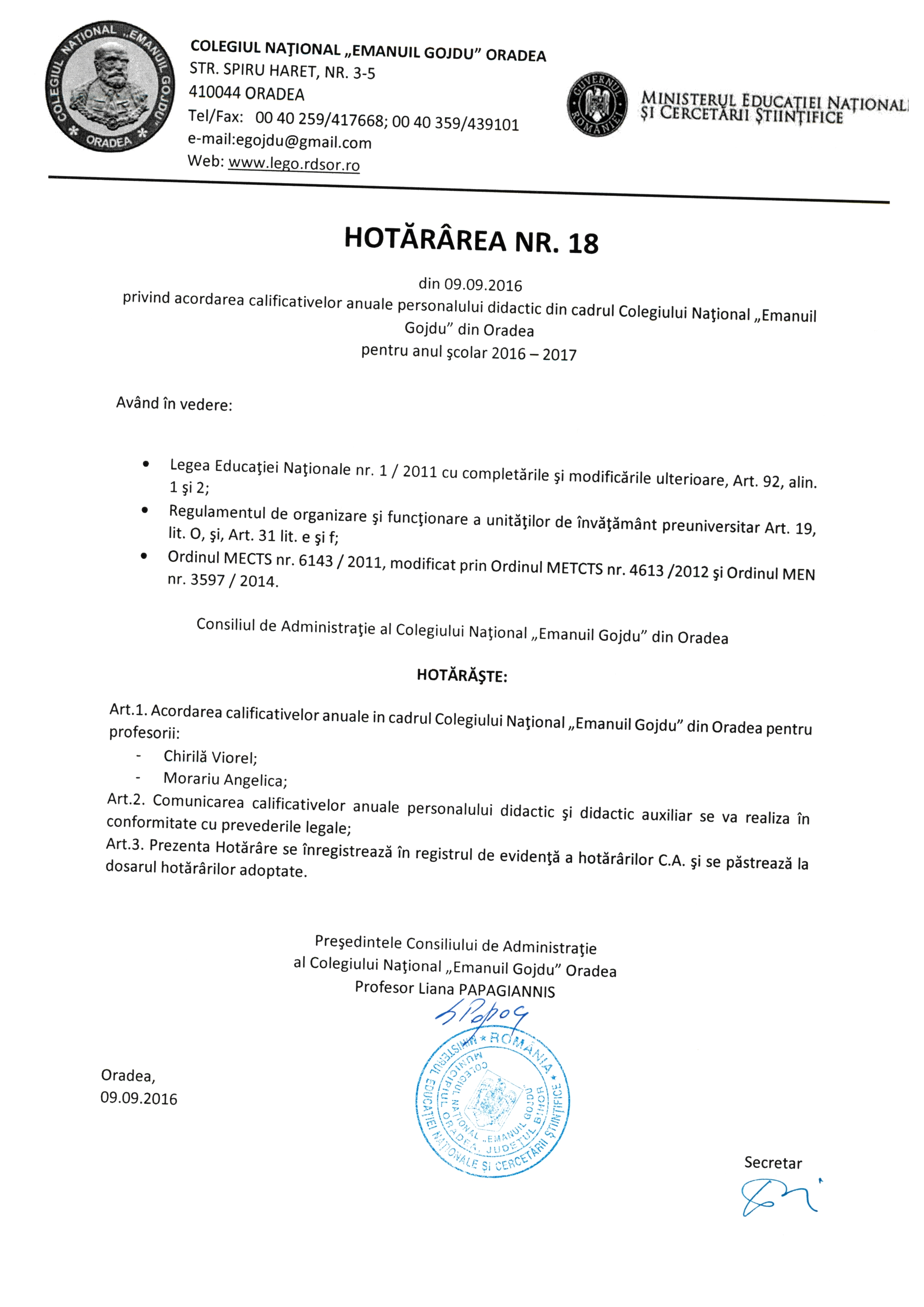 Hotărârea Nr.18 / 09.09.2016