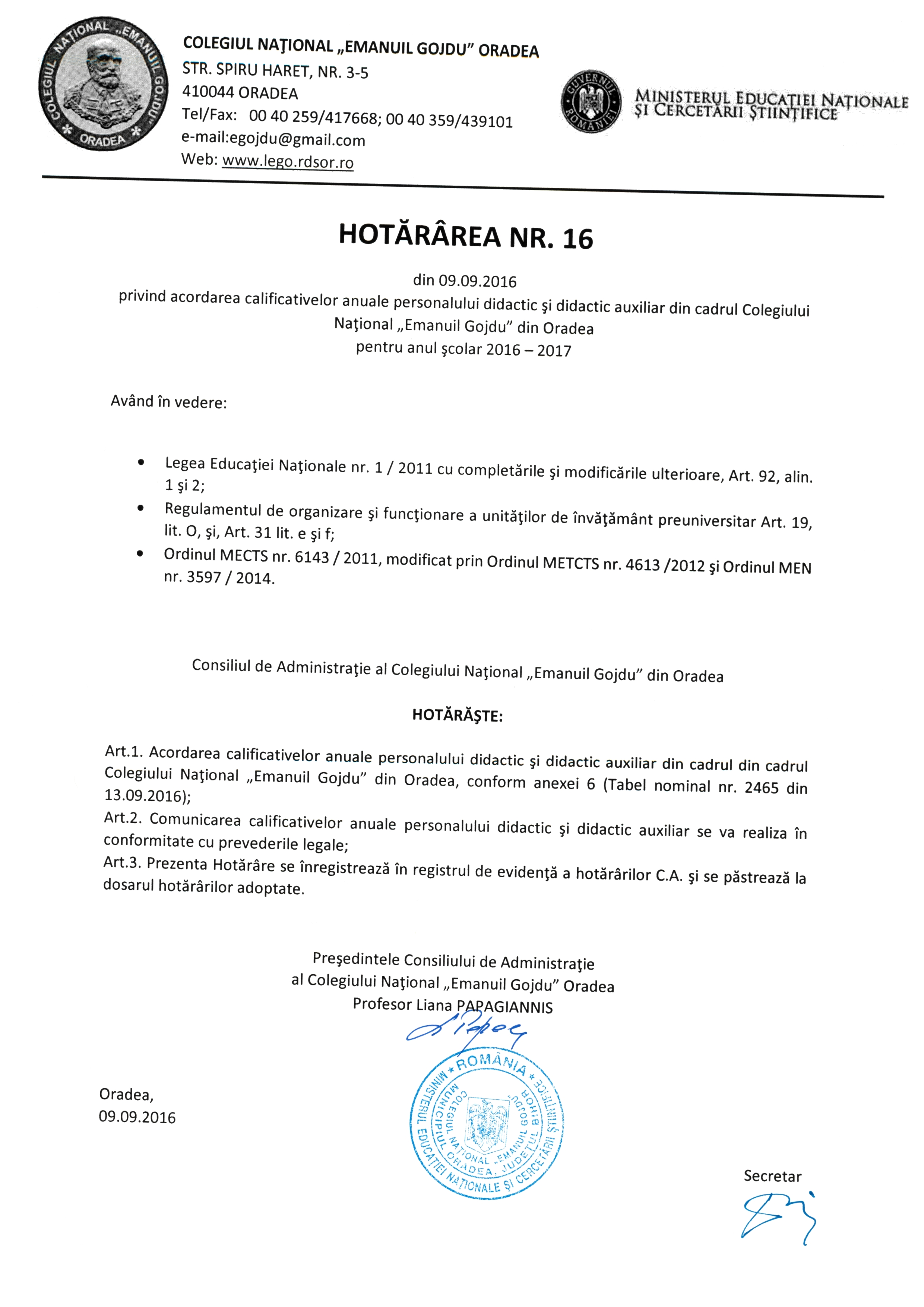 Hotărârea Nr.16 / 09.09.2016