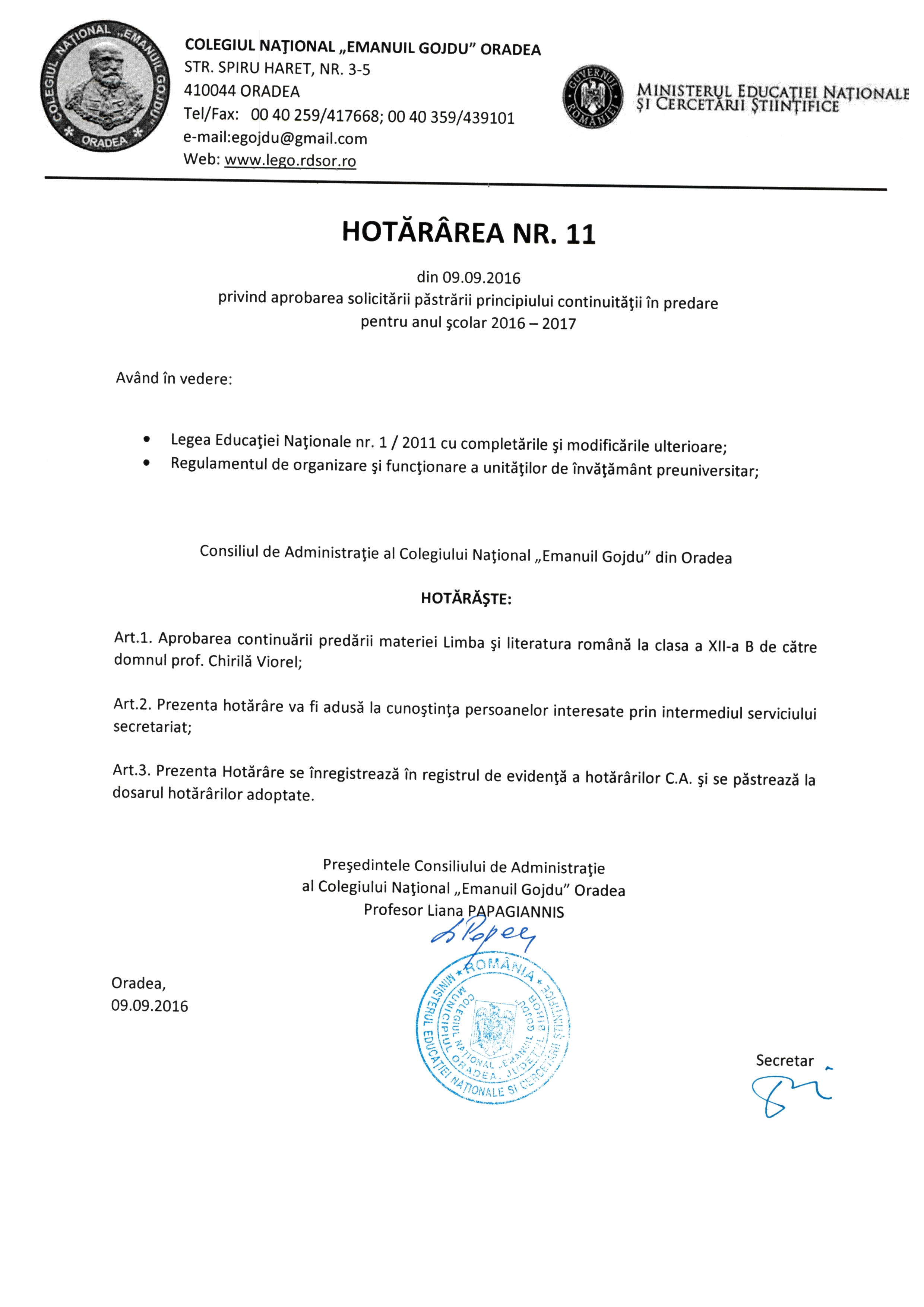 Hotărârea Nr.11 / 09.09.2016