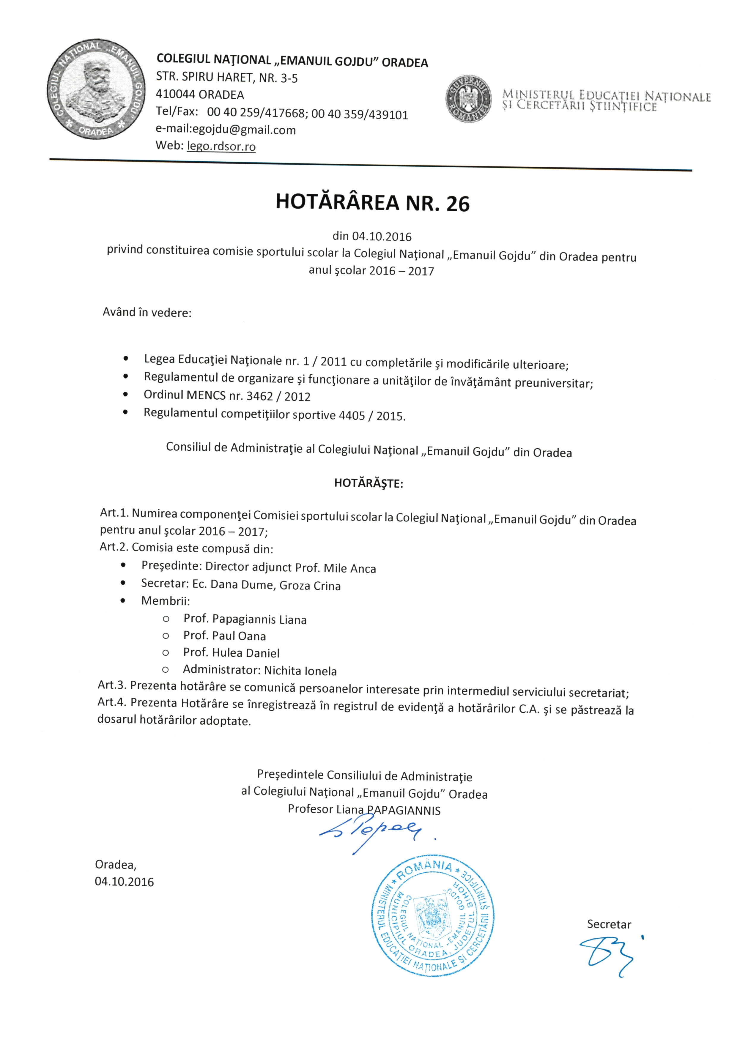 Hotărârea Nr.26 / 04.10.2016