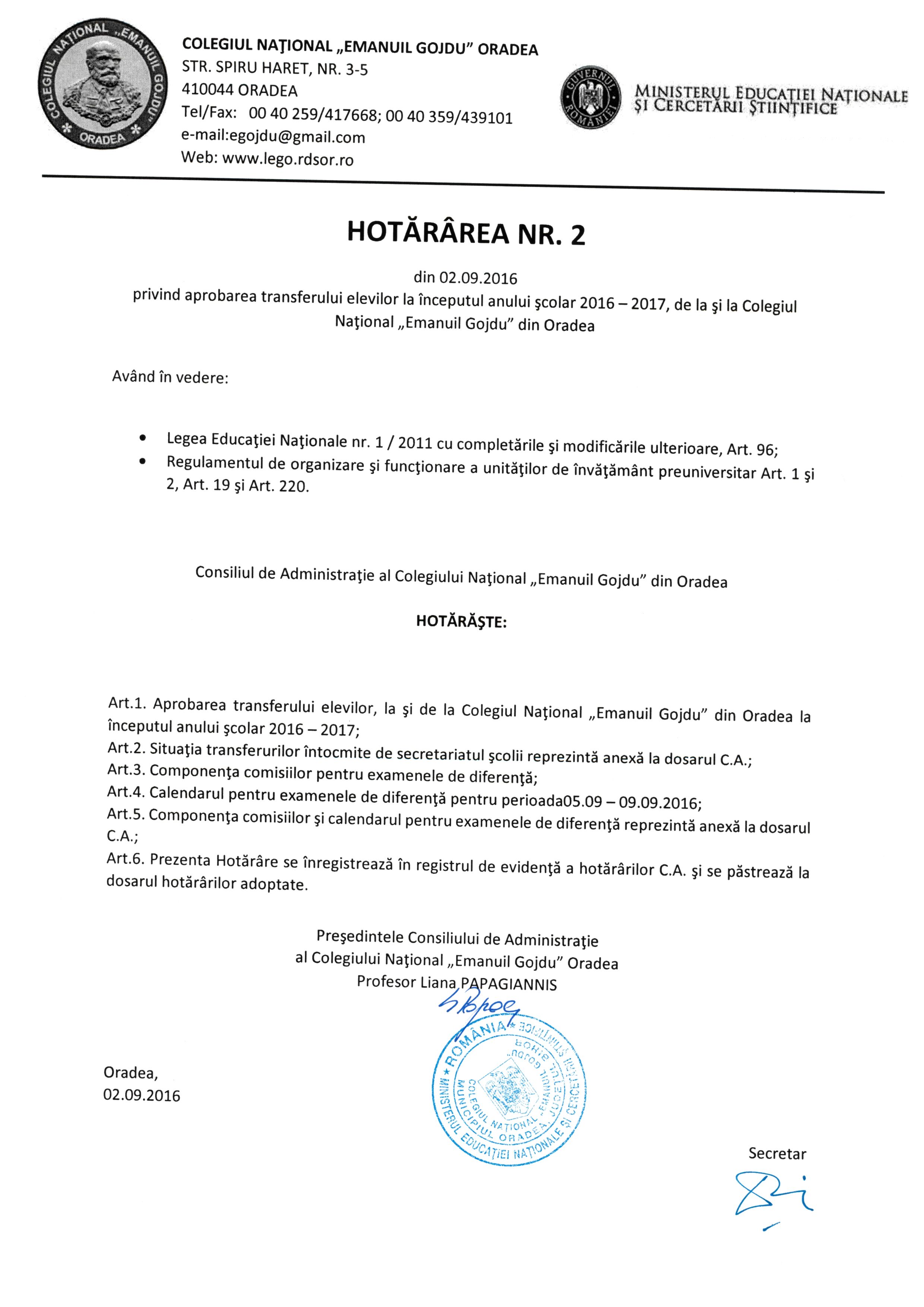 Hotărârea Nr.02 / 02.09.2016