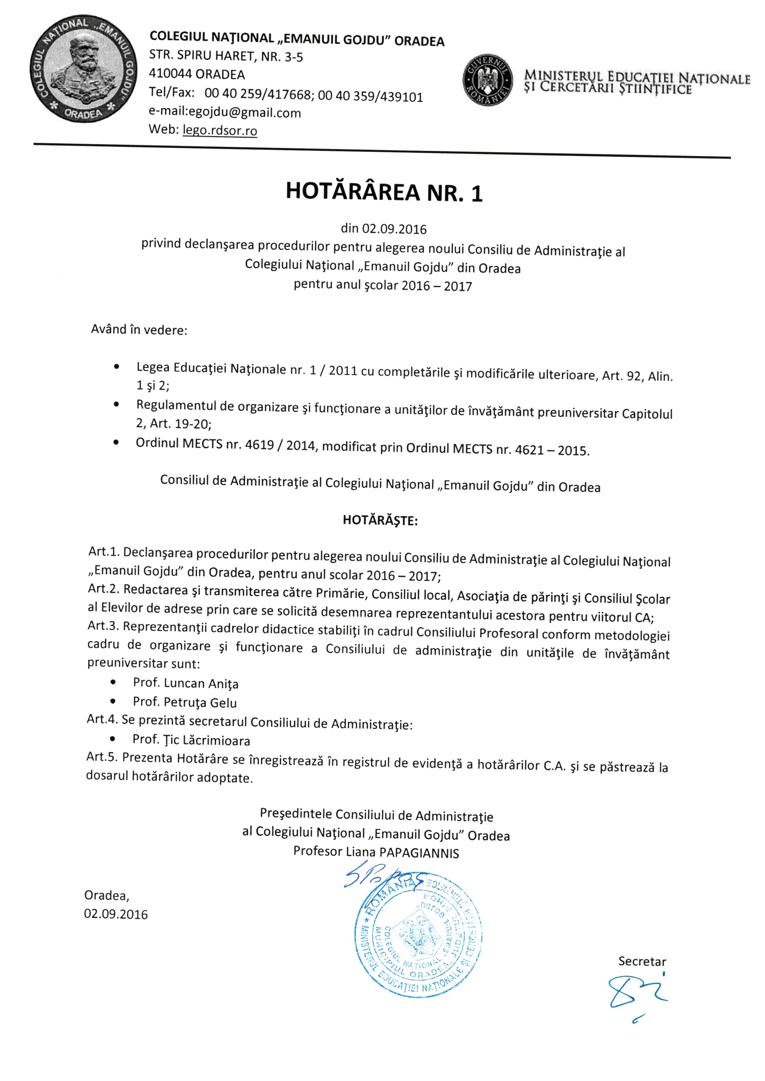 Hotărârea Nr.01 / 02.09.2016