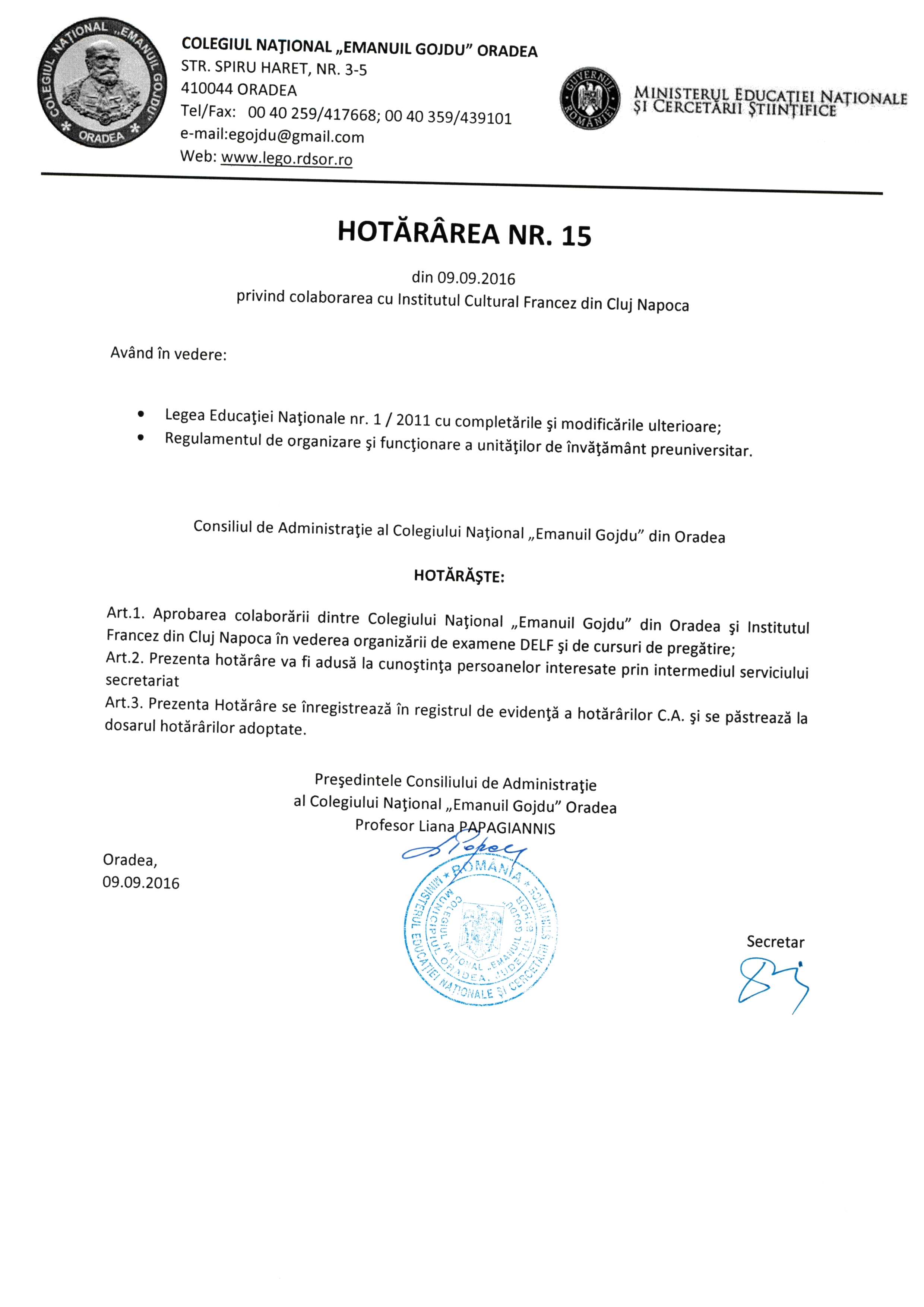 Hotărârea Nr.15 / 09.09.2016