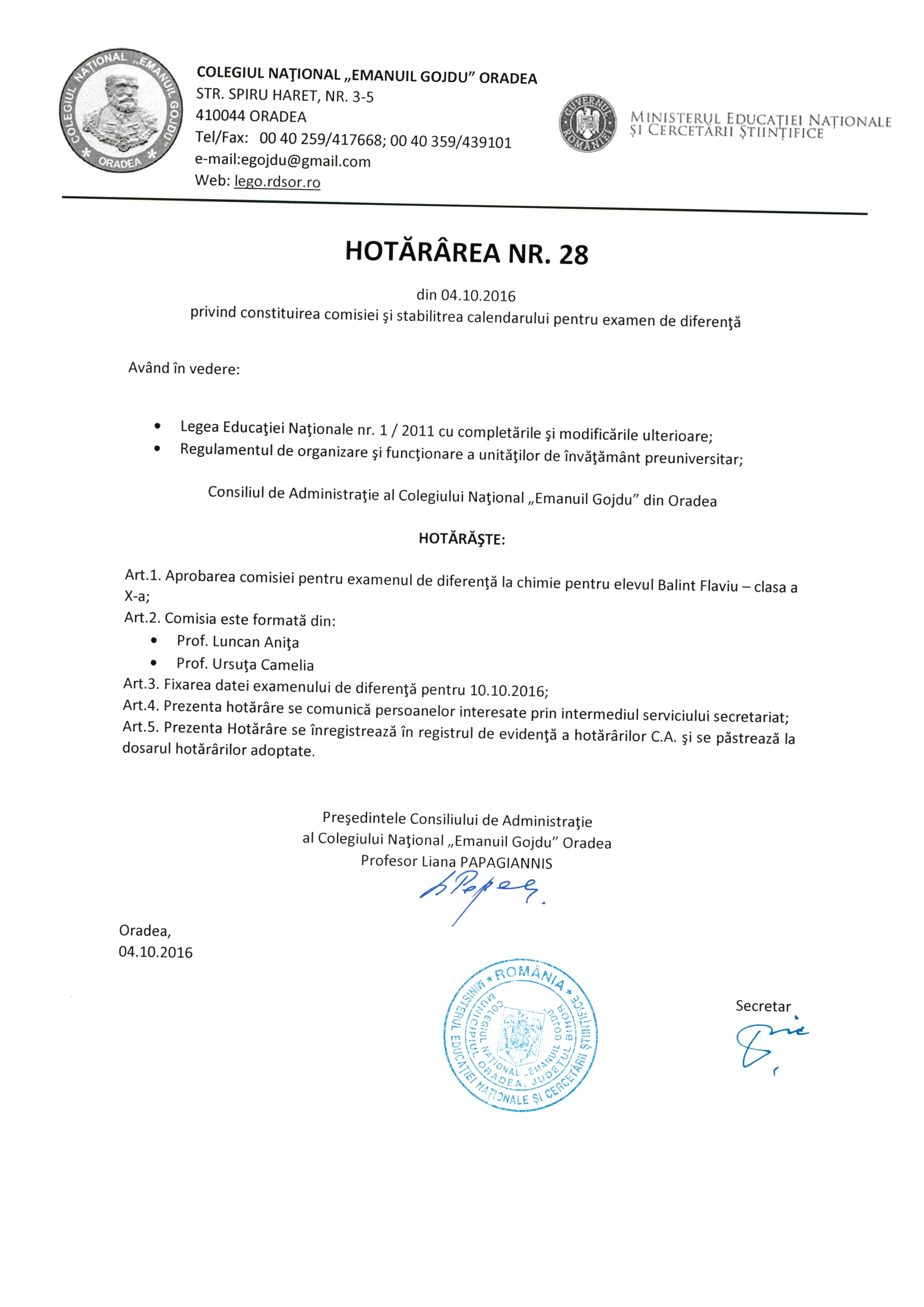 Hotărârea Nr.28 / 04.10.2016