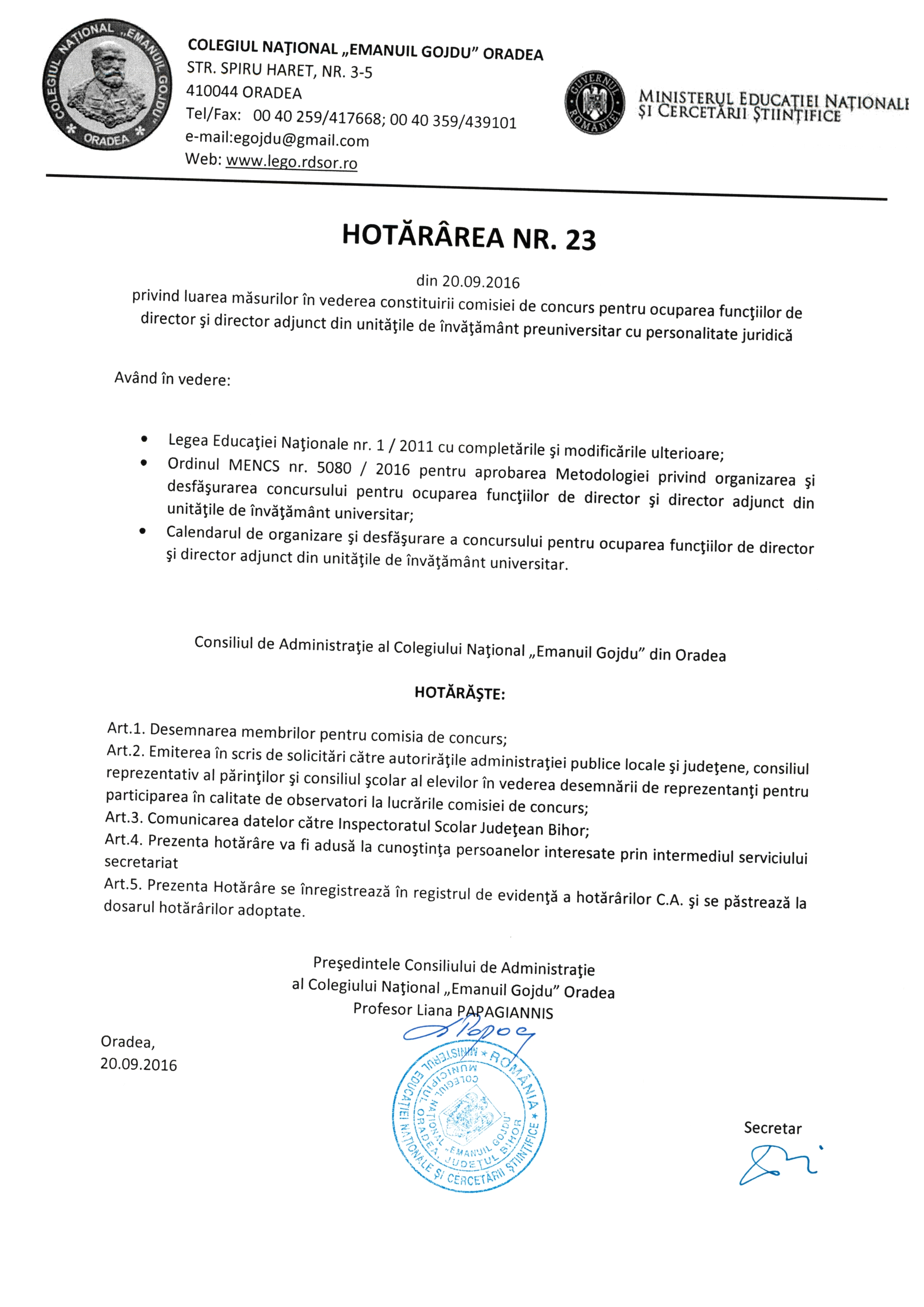 Hotărârea Nr.23 / 20.09.2016