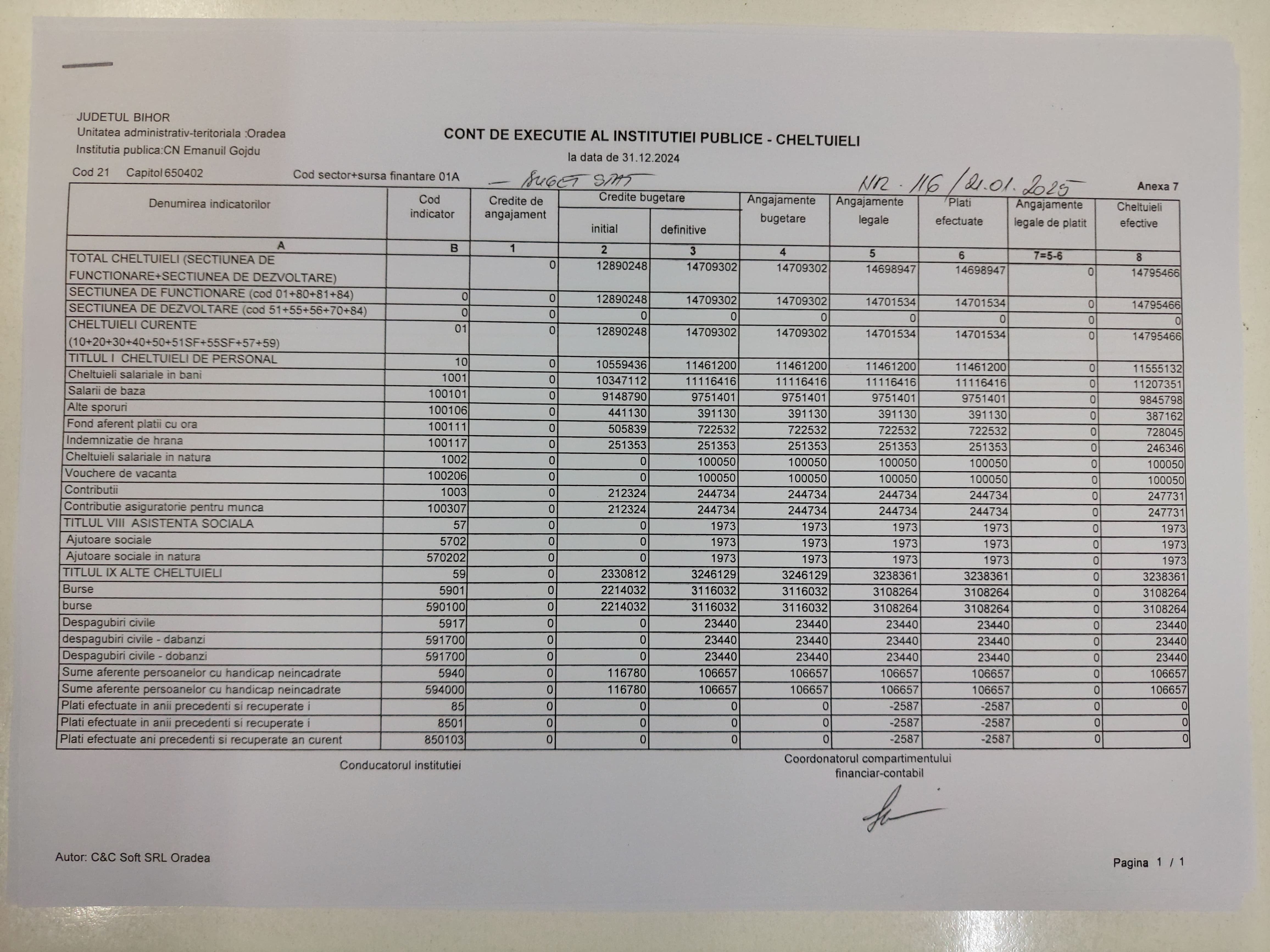 Execuție buget de stat la 31.12.2024