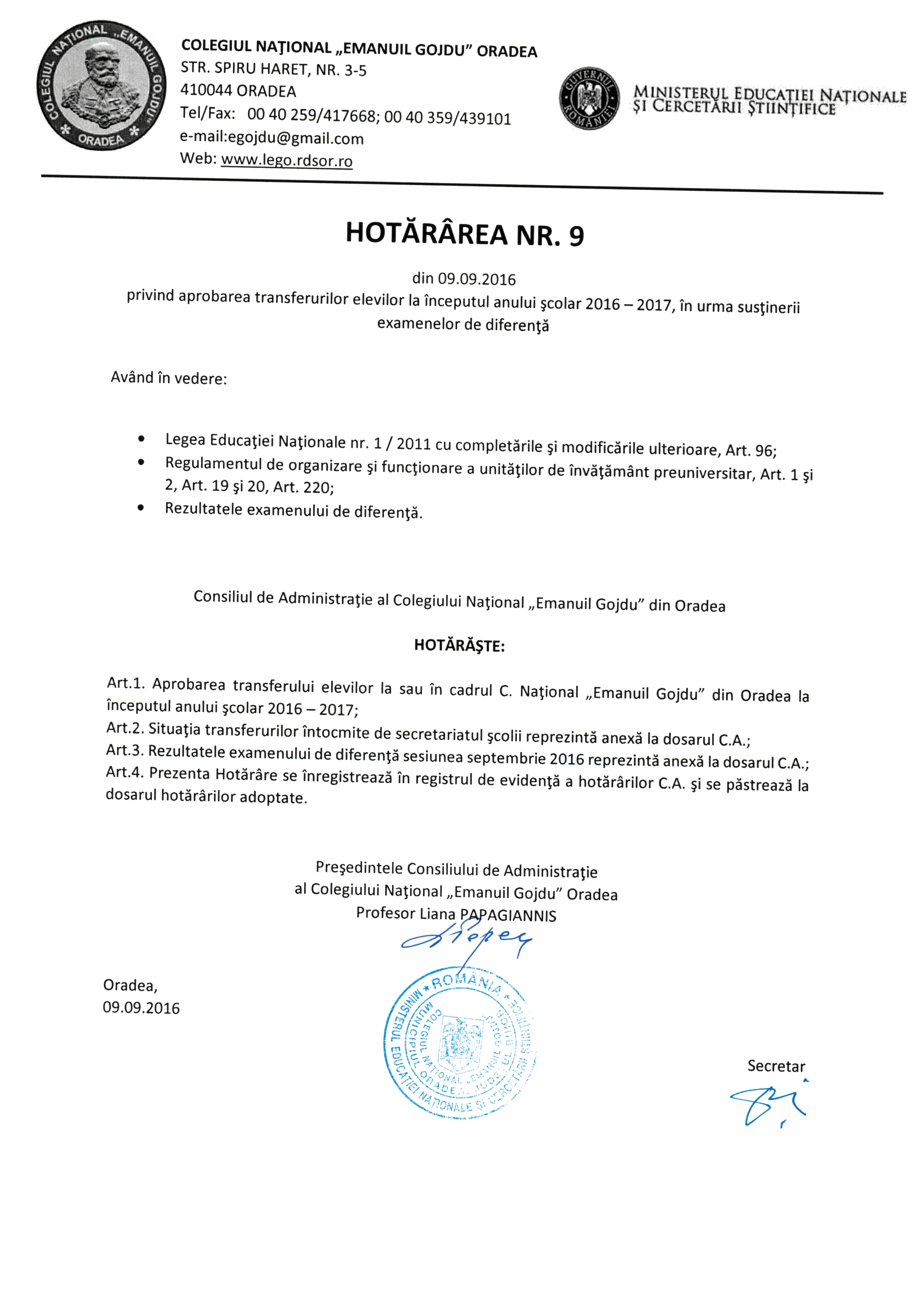 Hotărârea Nr.09 / 09.09.2016