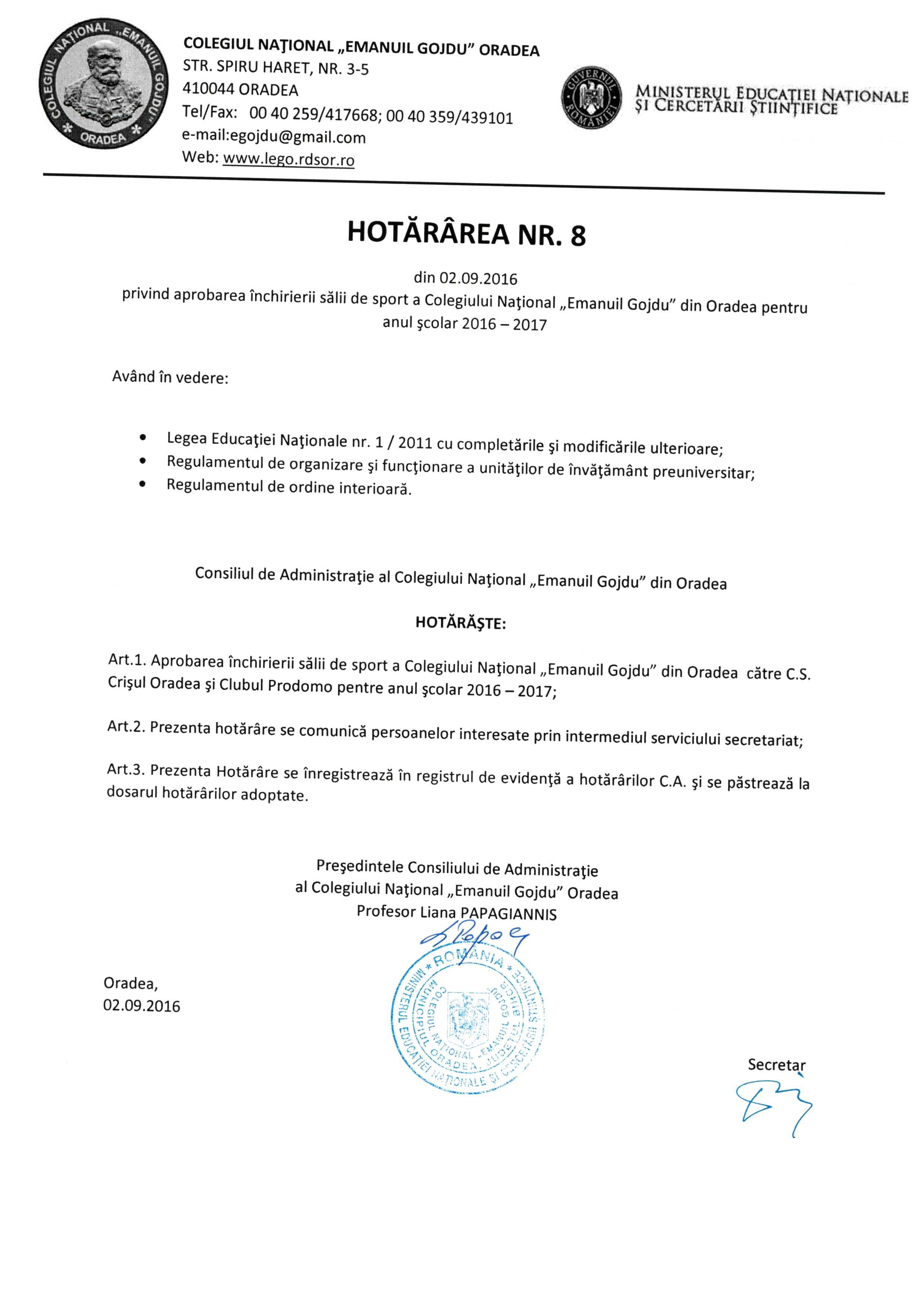 Hotărârea Nr.08 / 02.09.2016