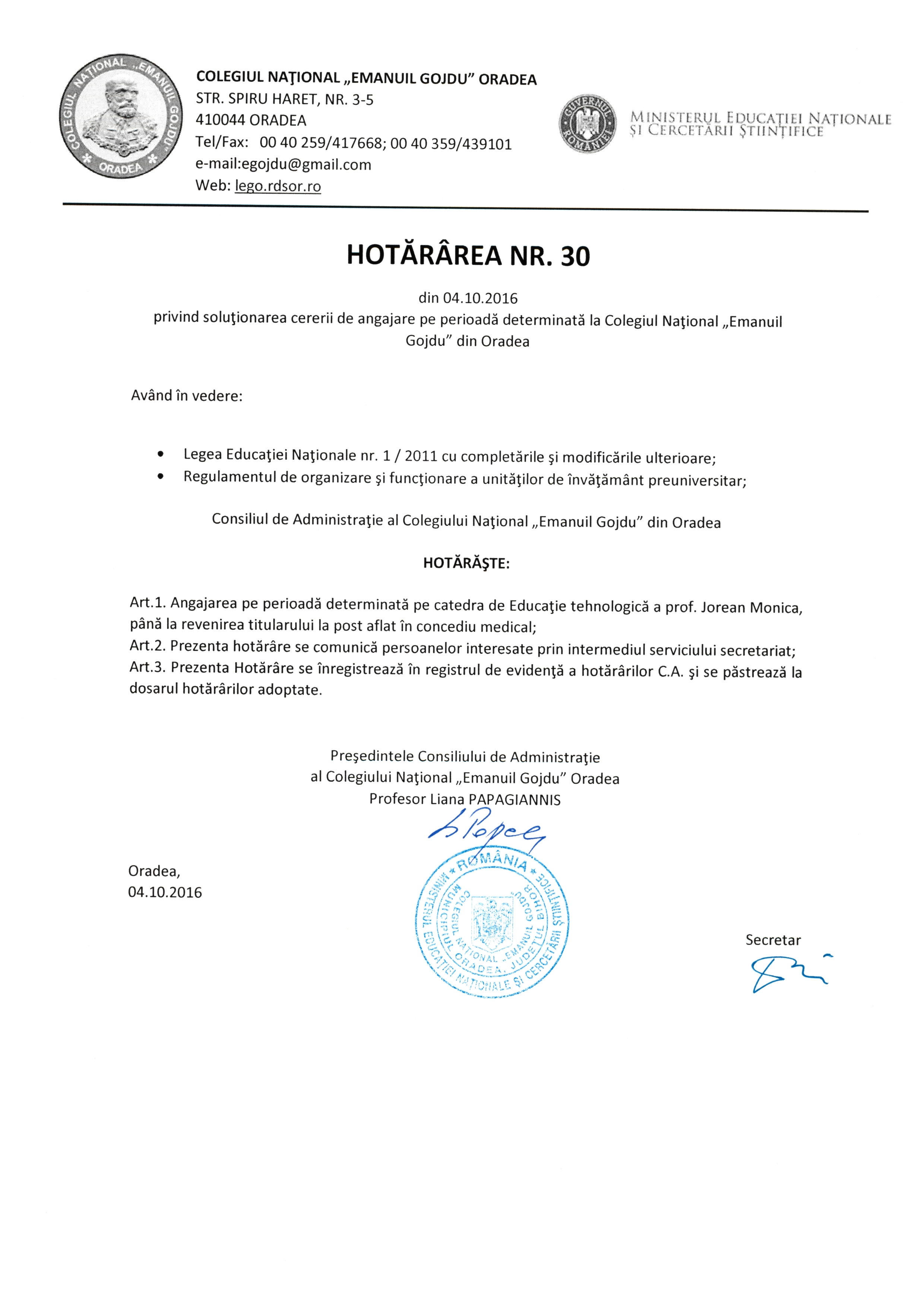 Hotărârea Nr.30 / 04.10.2016