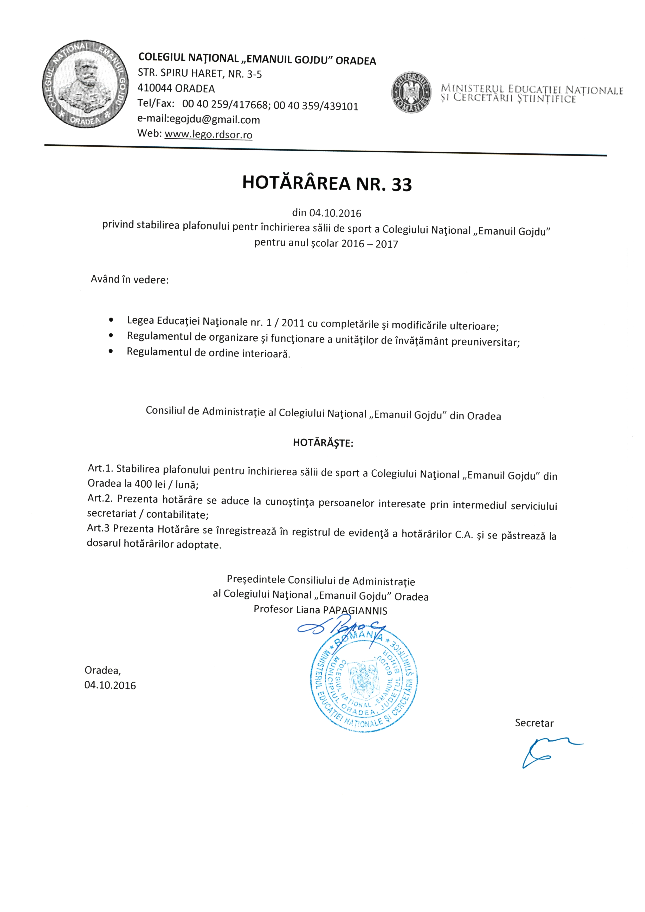 Hotărârea Nr.33 / 04.10.2016