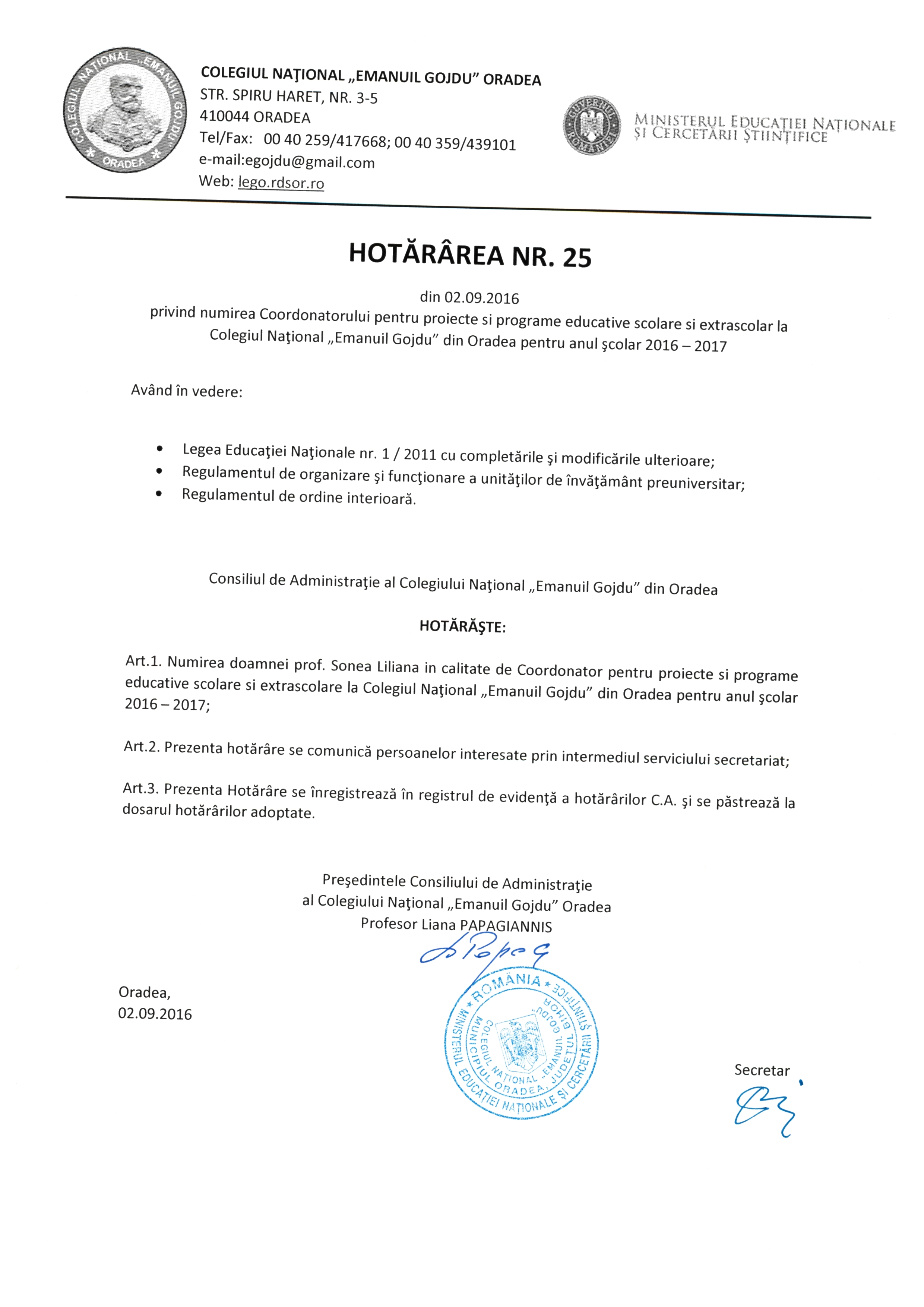 Hotărârea Nr.25 / 02.09.2016